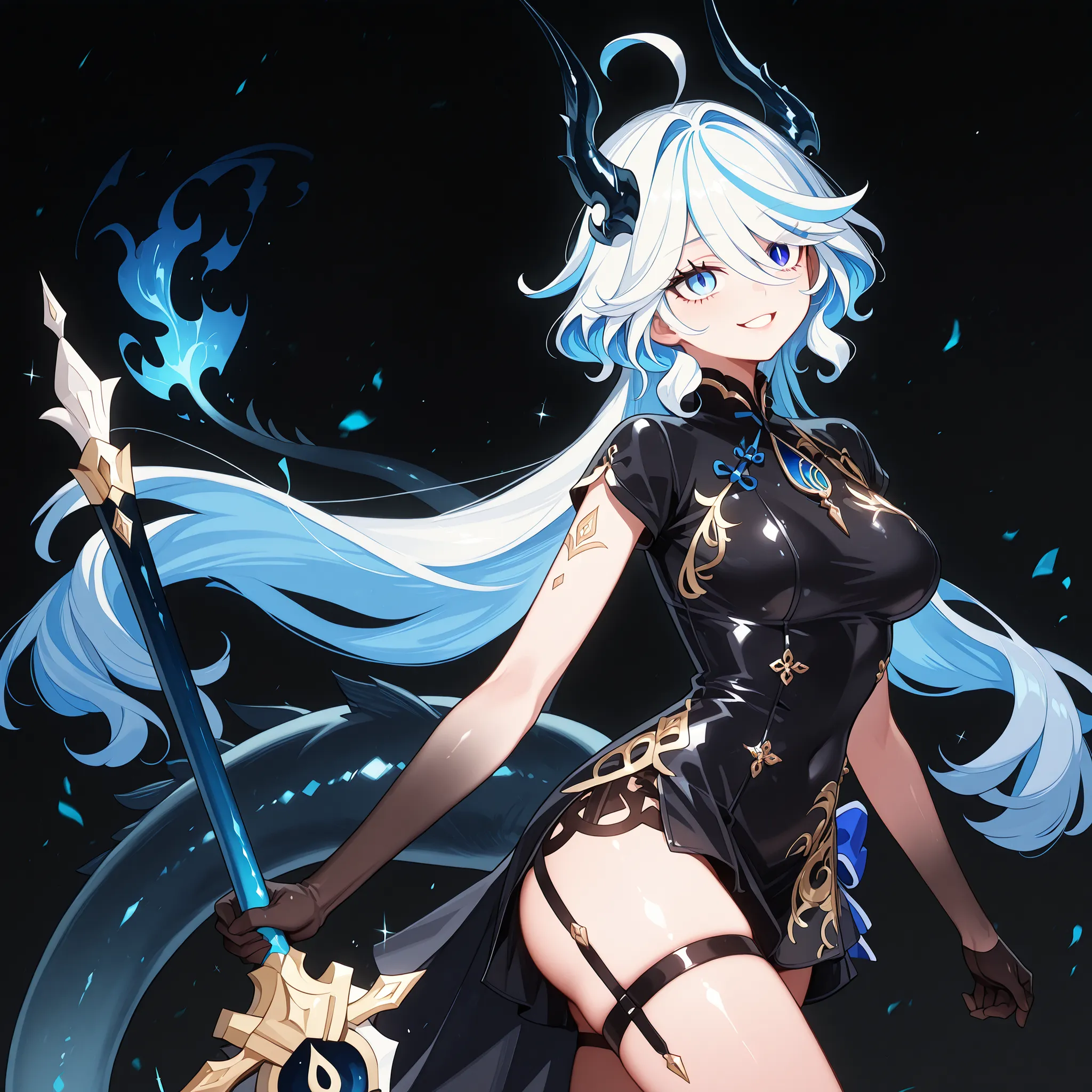 Solo, 1 girl, small and short body, small character, short character, short character, character 1.50 meters tall, small and short body, young character, character;
the character's hairstyle must be the same as Furina from "genshin impact", long bangs, b...