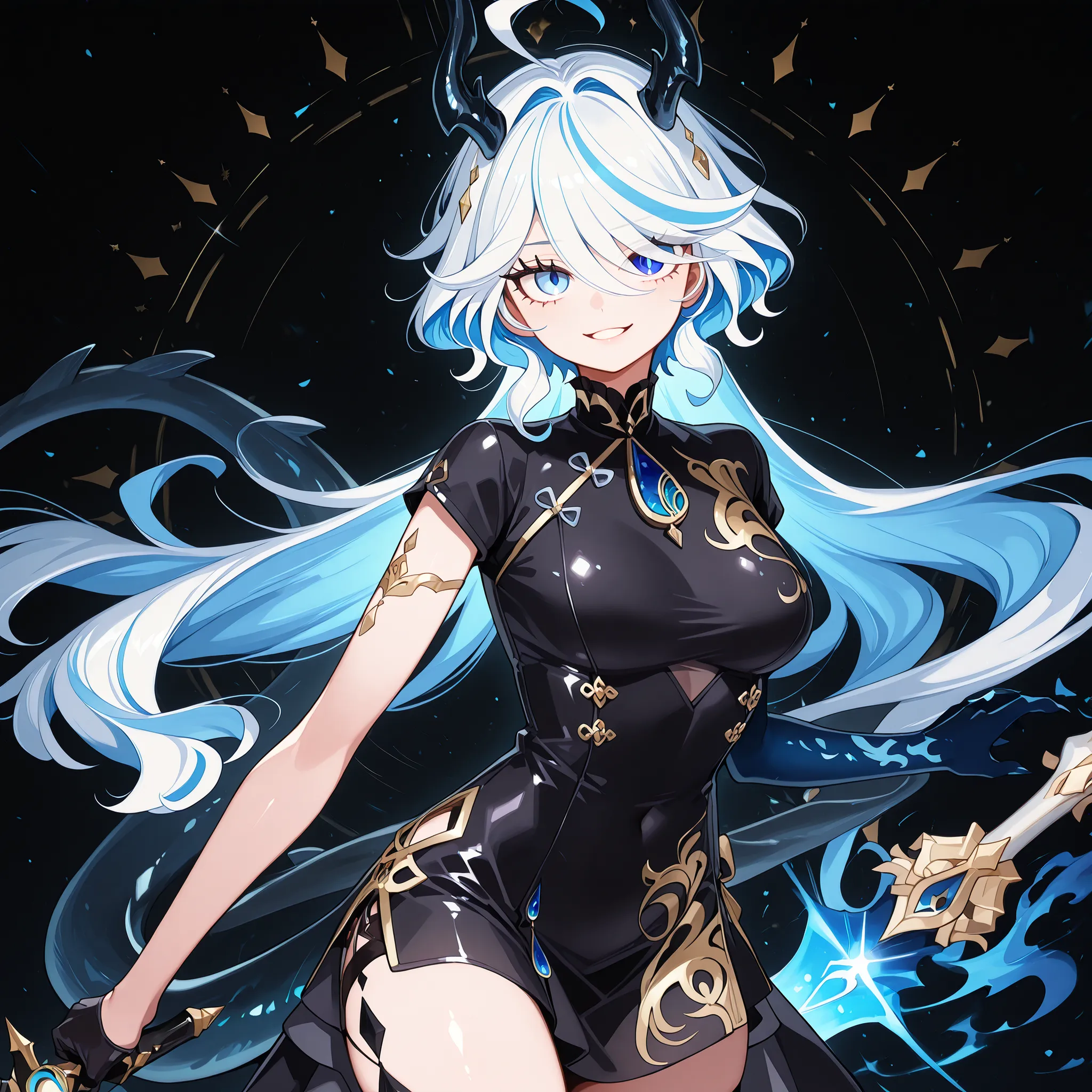 Solo, 1 girl, small and short body, small character, short character, short character, character 1.50 meters tall, small and short body, young character,  character;

the character's hairstyle must be the same as Furina from "genshin impact", long bangs, b...