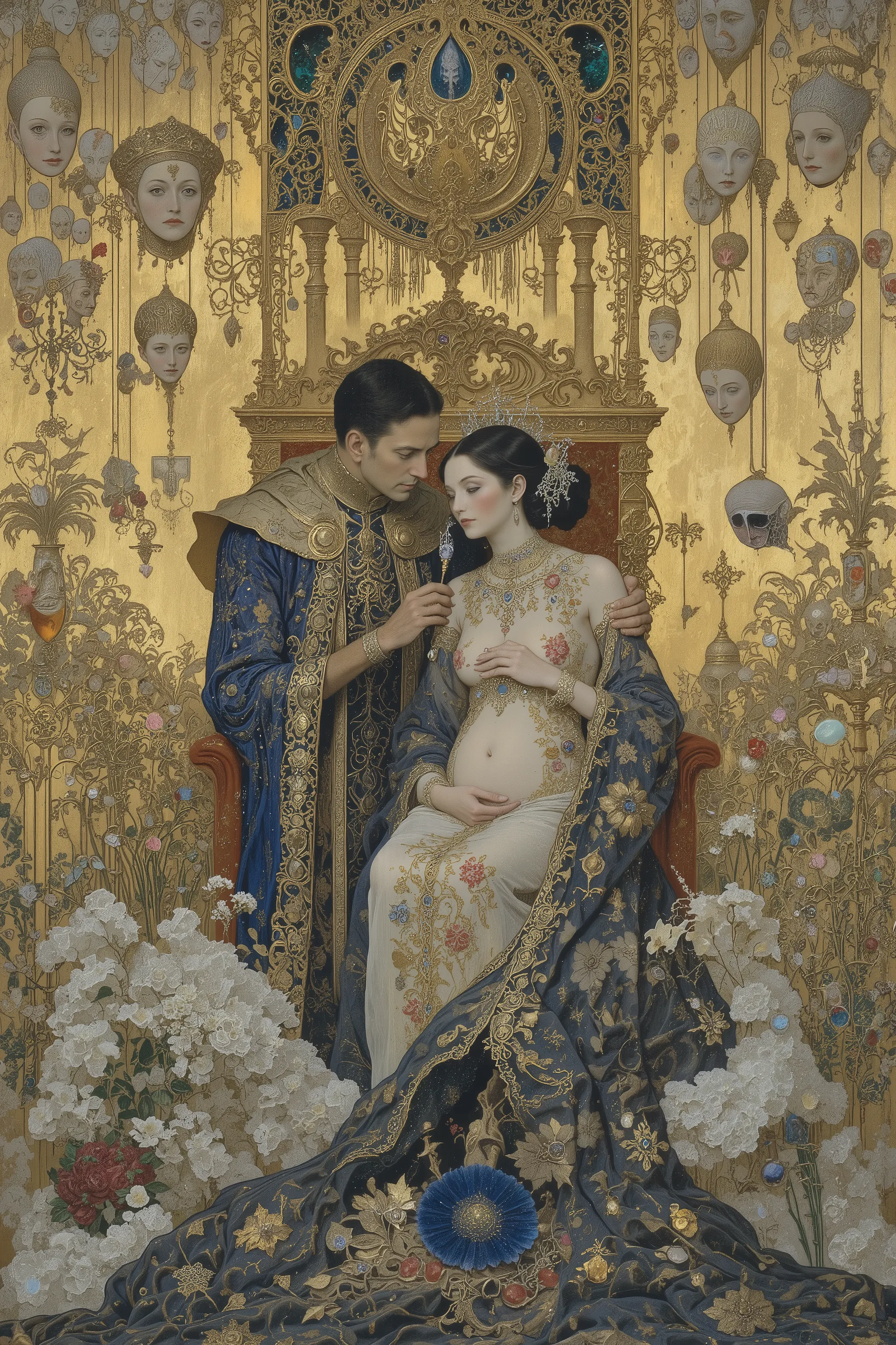 heroic Emperor,emperor holding queen,beautiful pregnancy queen,sitting on the throne,buddhist art,The queen whispers in king's ear,wearing robe,diadem,lovers,many mask in sky,many people wearing mask,romantic,icon,astrology,tarot cards,Surrealism,Baroque s...