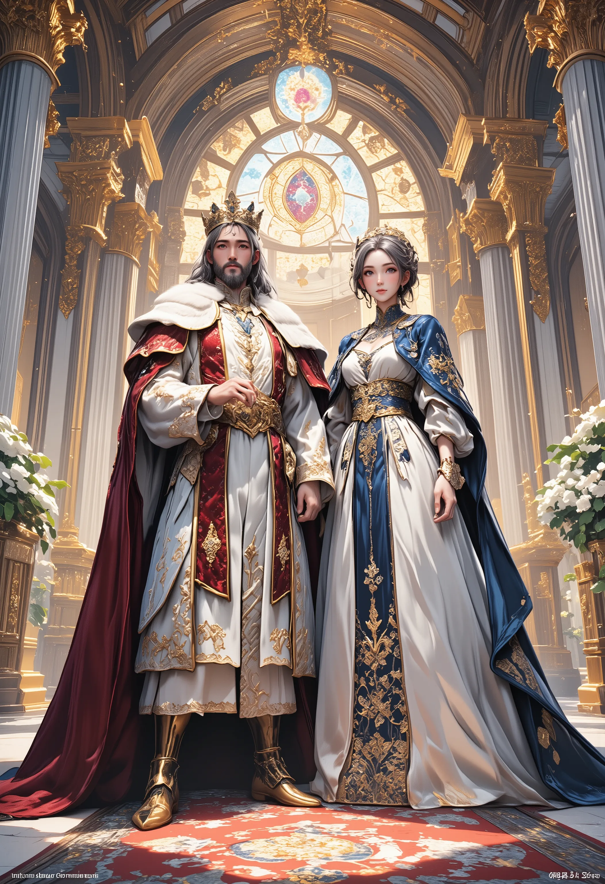 [Panoramic Composition] Symmetrical European palace hall, 3D photorealistic CG animation style, majestic king and elegant queen standing side by side flanking gilded throne, marble steps extending onto Persian patterned carpet,
[King Details] Thick silver-...