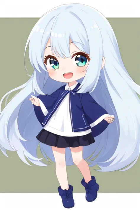 open mouth, chibi,solid green background，1girl，blue eyes,full body,blue hair,white hair,very long hair,best quality,,bigger face,smiling,standing,shiny hair