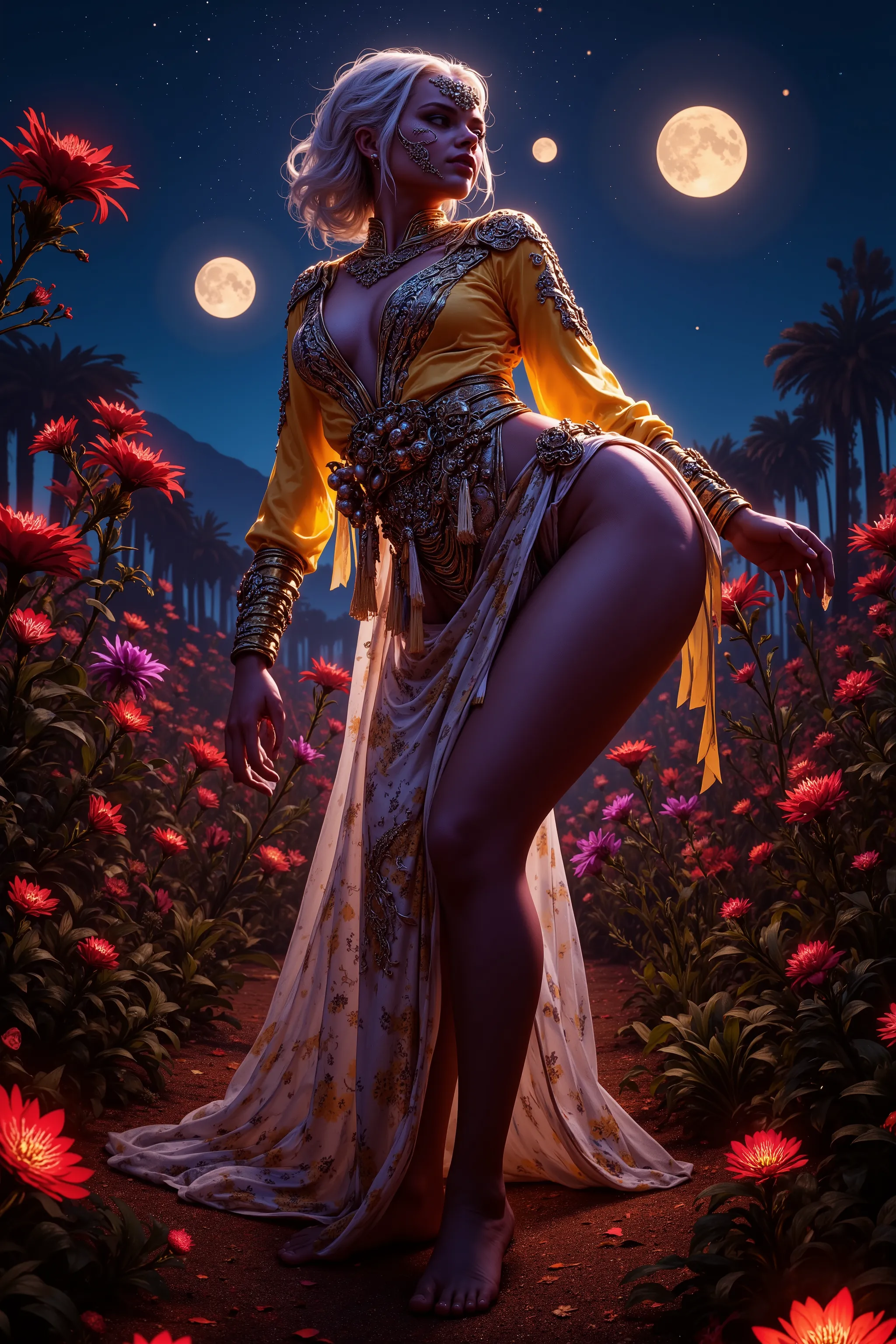 An alien princess (margot robbie, sexy sheer elegant robe with intricate patterns bright colors no underwear, dragon lady makeup, royal jewelry, regal hairdo, bare feet) she is in the mood for love in an alien flower garden filled with bioluminescent float...