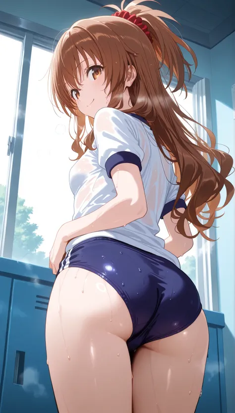 masterpiece, score_9, score_8_up, score_7_up, anime, pinup, Max Masterpiece, perfect eyes, perfect face, Best Quality, high resolution, 1girl,mikan yuuki, brown eyes, brown hair, hair ornament, hair scrunchie, long hair, small breasts, school gym clothes, ...
