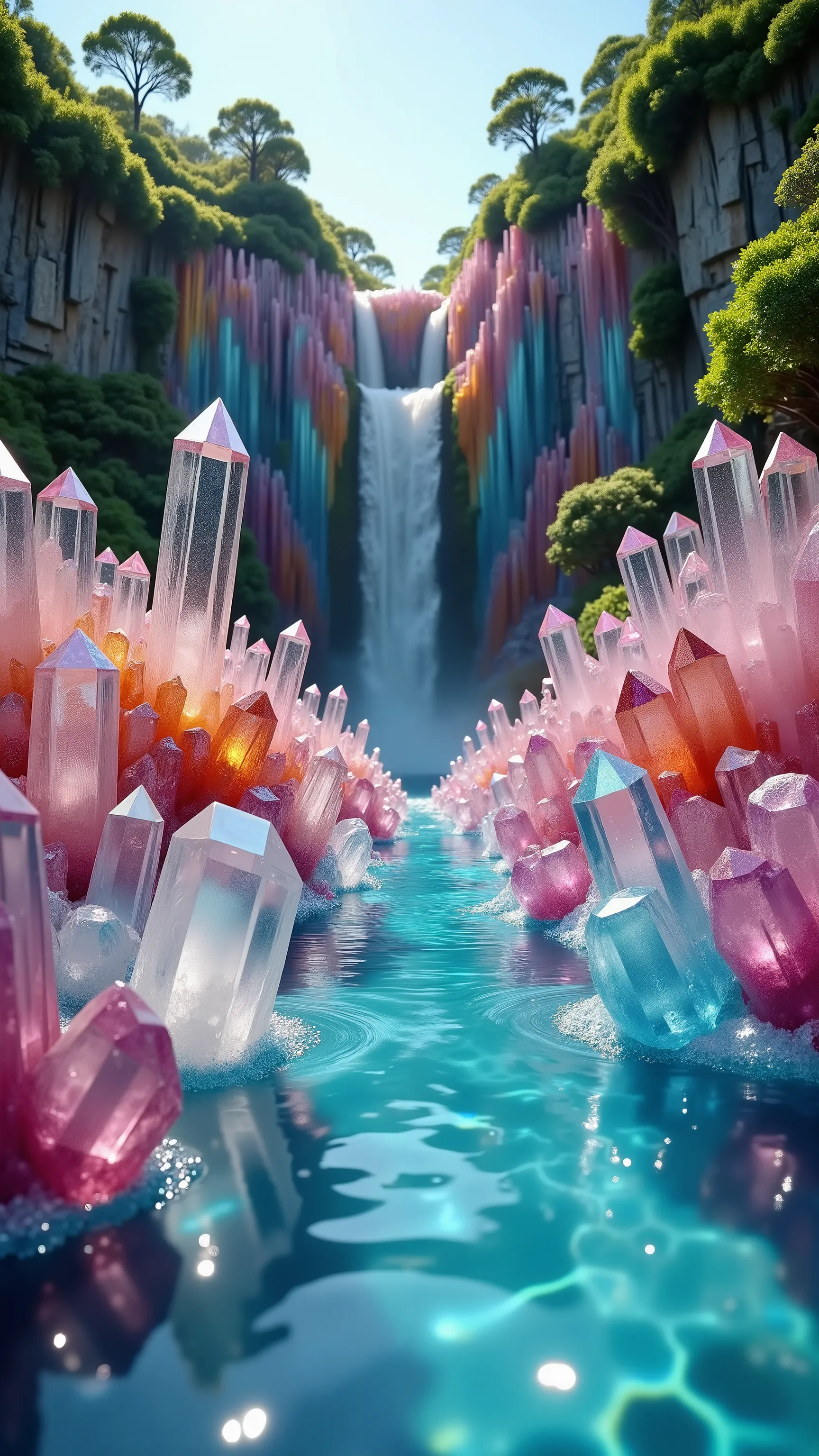 Ultra-realistic, ultra-detailed, physically-based rendering, 3D rendered, Perspective from below, a view of hundreds of giant multicolored, translucent quartz crystals 20 feet tall protruding out of the water of a lagoon. Viewed from down on the clear/blue...