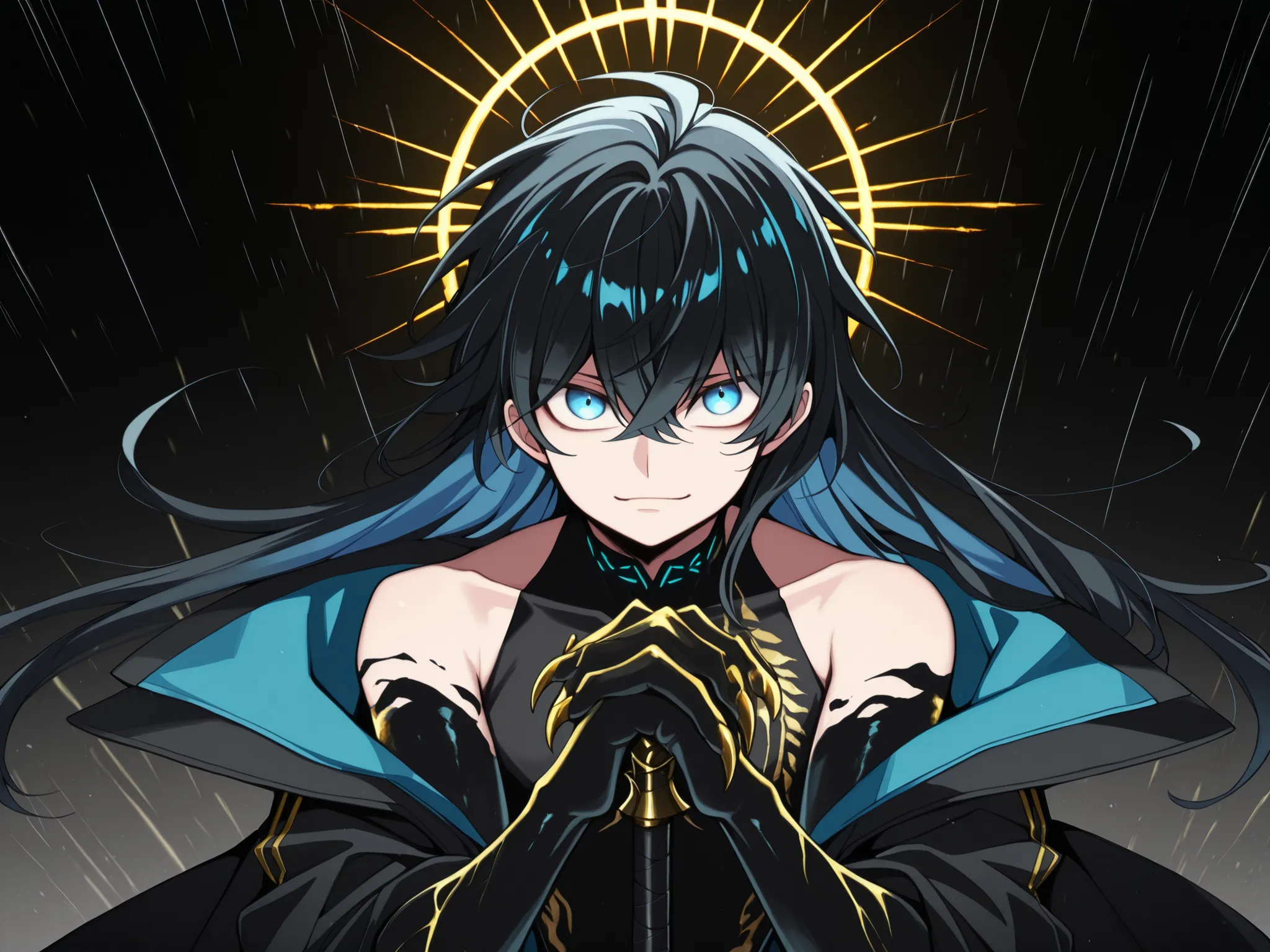 Solo, 1 boy, small and short body, small character, short character, short character, character 1.50 meters tall, small and short body, young character,  character is a boy, body and face like Vanitas;

black hair (hair with blue details), the character's ...