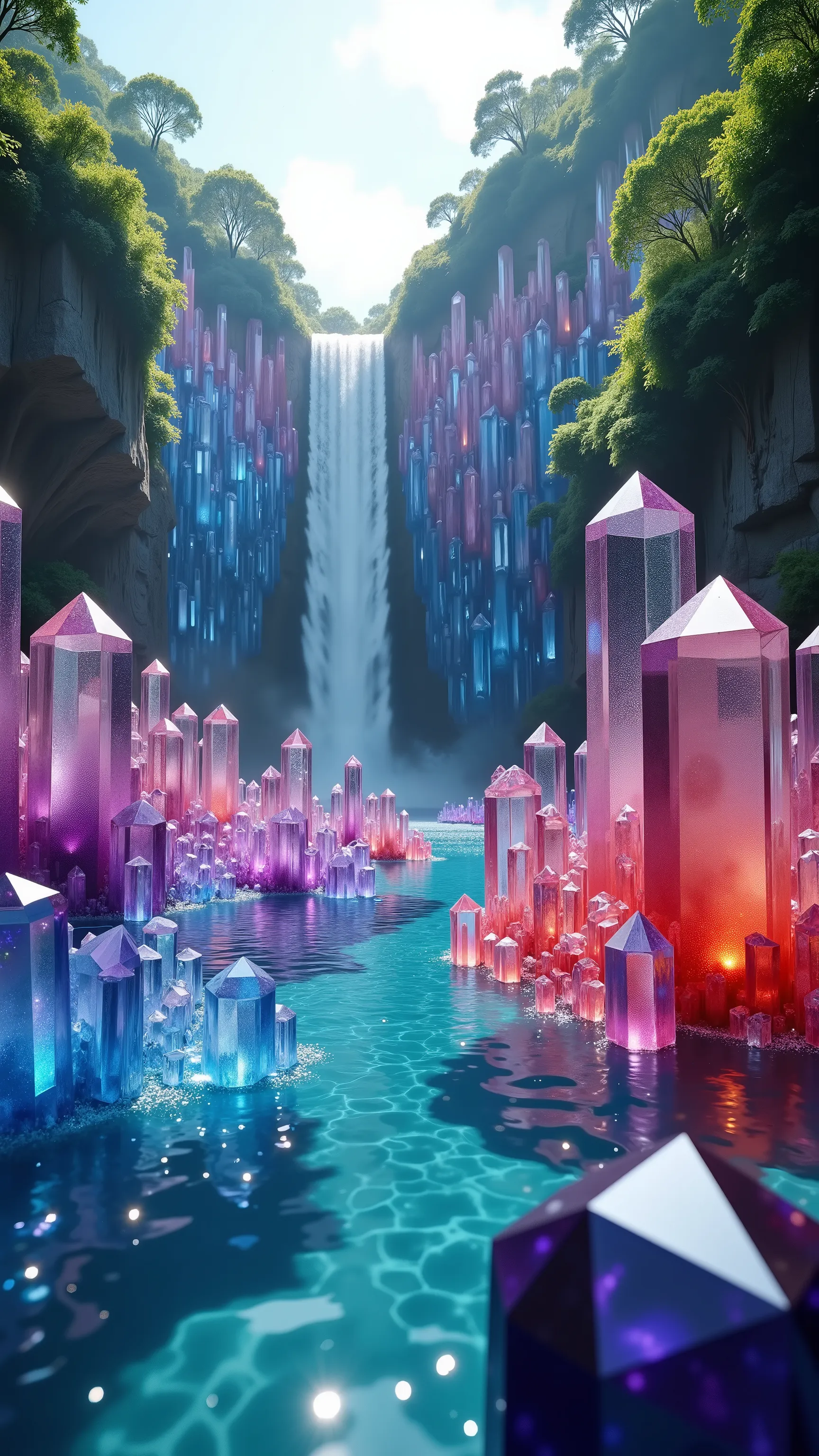Ultra-realistic, ultra-detailed, physically-based rendering, 3D rendered, Perspective from below, a view of hundreds of giant multicolored, translucent quartz crystals 100 feet tall protruding out of the water of a lagoon. Viewed from down on the clear/blu...