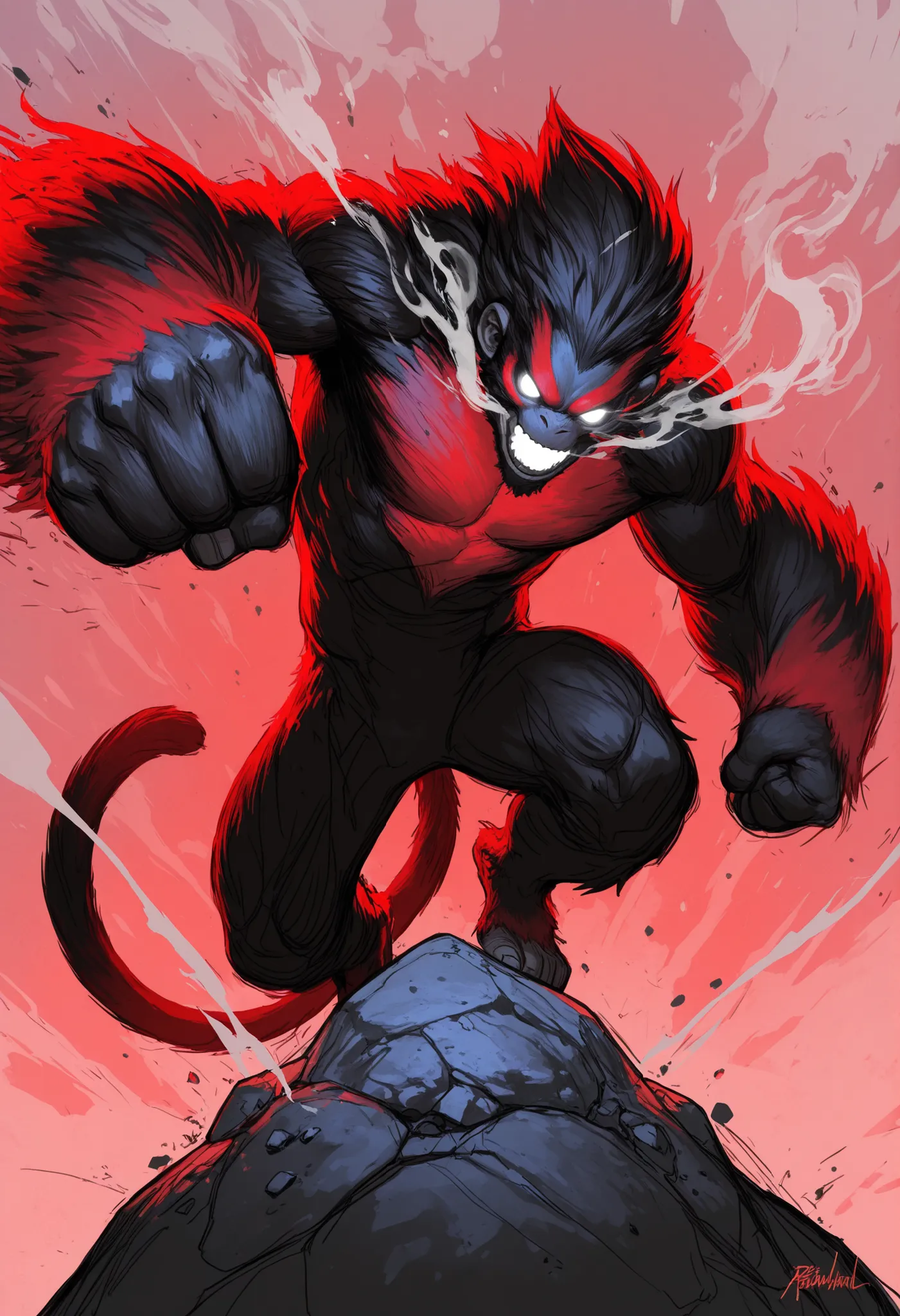Game monster, sketch, concept art, monkey mandrill, bright color,  Breath steam, black and red furr, white eyes, round eyes , glowing eyes, muscular, on plain white canvas, rough, thin lines, 2d, concepts art, large, wide front arms, tail, Masterpiece, inc...