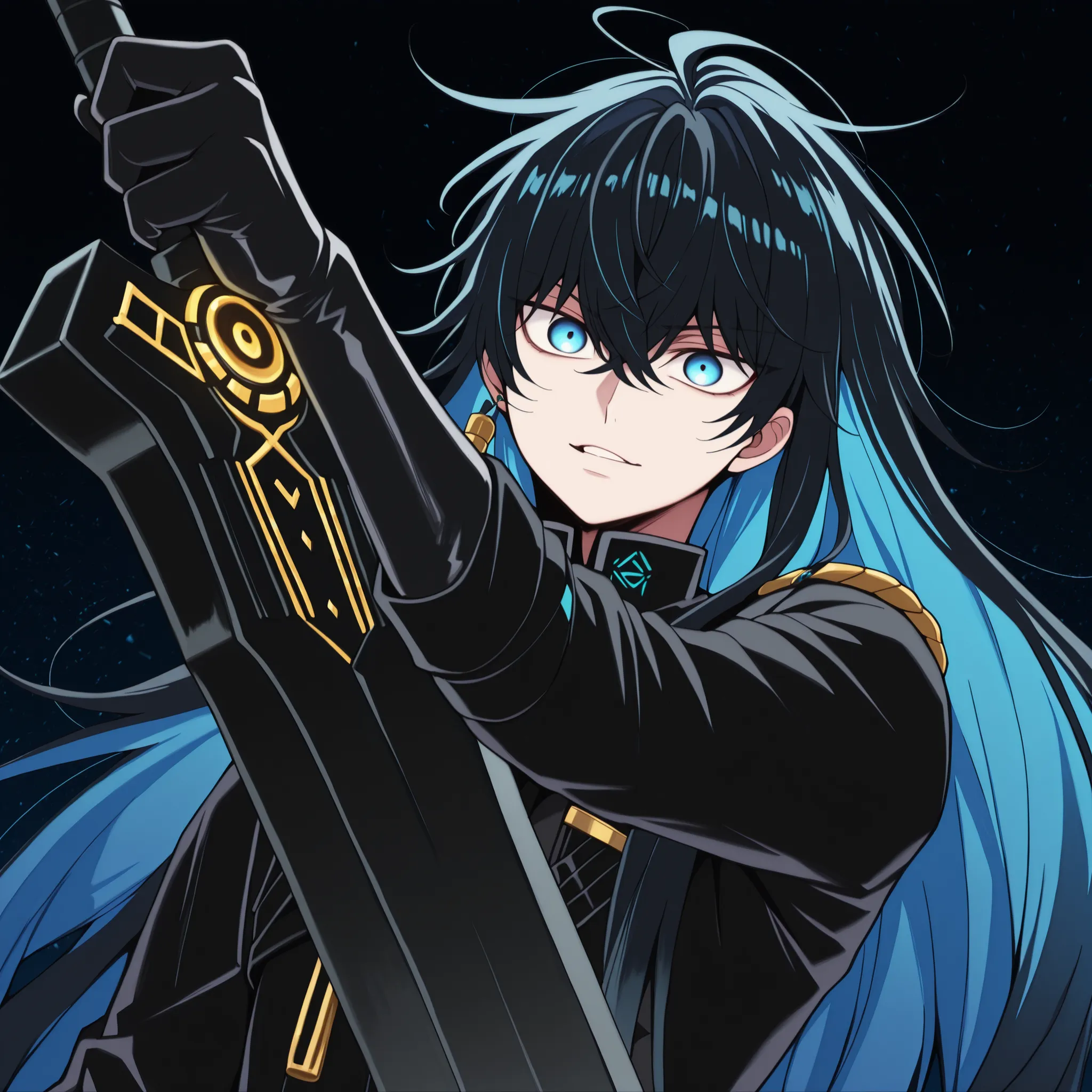 Solo, 1 boy, small and short body, small character, short character, short character, character 1.50 meters tall, small and short body, young character, character is a boy, body and face like Vanitas;
black hair (hair with blue details), the character's ...