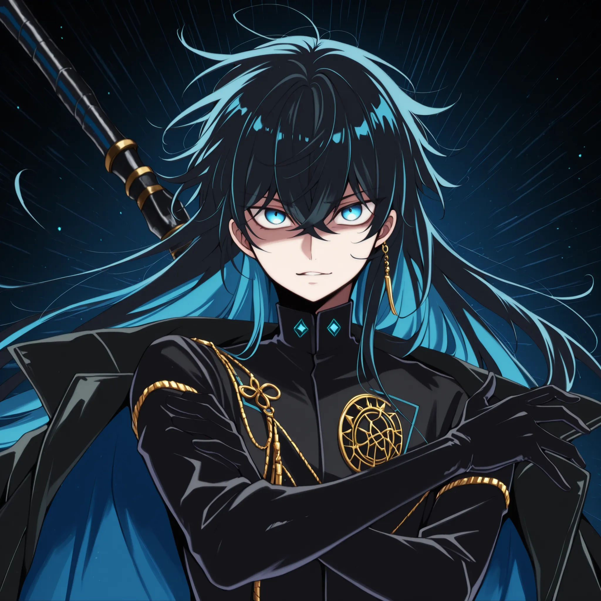 Solo, 1 boy, small and short body, small character, short character, short character, character 1.50 meters tall, small and short body, young character,  character is a boy, body and face like Vanitas;

black hair (hair with blue details), the character's ...