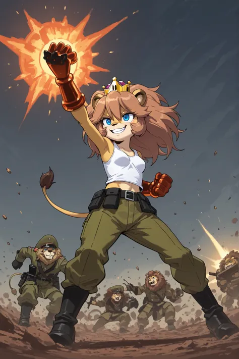 Score_9, Score_8_up, Score_7_up, 1, alone, masterpiece, top quality, amazing quality, very aesthetic, absurd, furry font, ((lion girl)) Mobian, brown hair, blue eyes, smile, small breasts, ((white tank top, military pants, magma magic, fighting on a battle...