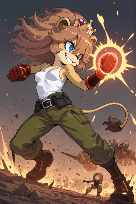 Score_9, Score_8_up, Score_7_up, 1, alone, masterpiece, top quality, amazing quality, very aesthetic, absurd, furry font, ((lion girl)) Mobian, brown hair, blue eyes, smile, small breasts, ((white tank top, military pants, magma magic, fighting on a battle...
