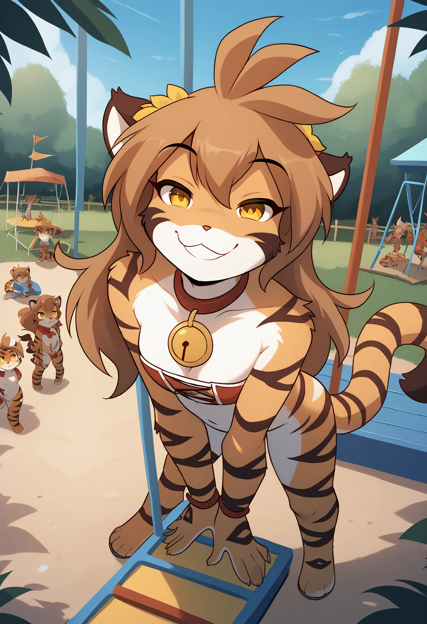 floratwokinds, flora, twokinds, by tom_fischbach, furry tiger, furry, tiger fur, brown hair, yellow eyes, female, tail, playground, others playing on the play set, flora standing, facing viewer, bending over, tail raised, smug smile,