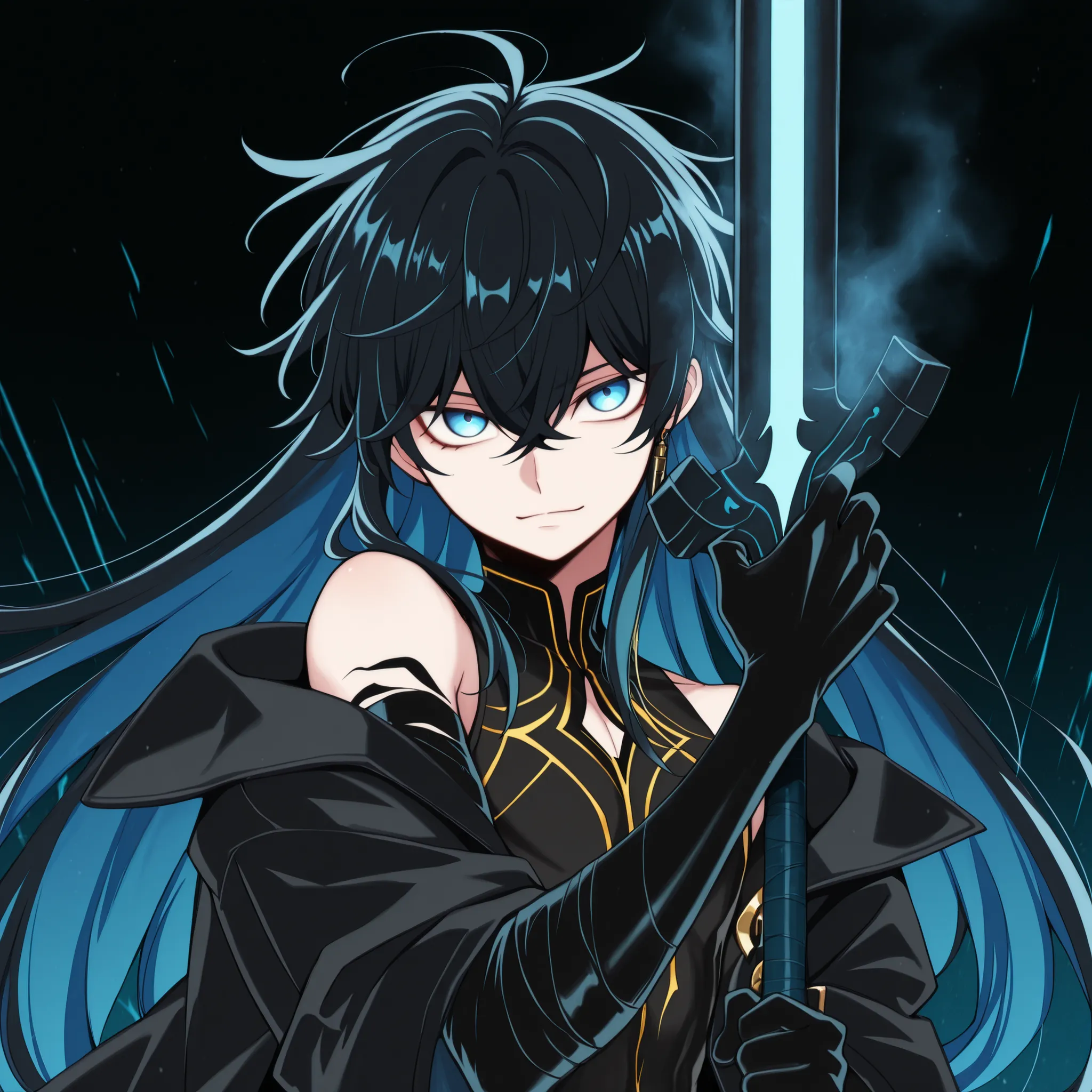 Solo, 1 boy, small and short body, small character, short character, short character, character 1.50 meters tall, small and short body, young character,  character is a boy, body and face like Vanitas;

black hair (hair with blue details), the character's ...
