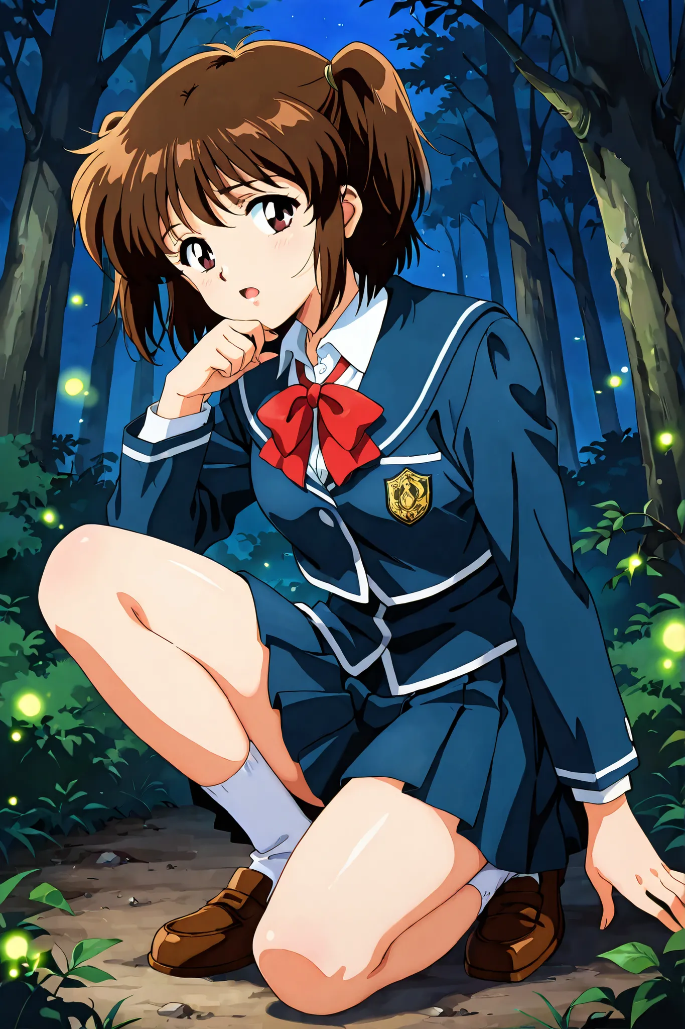 1girl,solo,adult,18 years old,kayo,dark brown eyes,dark brown hair,two side hair,shoulder-length short hair,white collared shirt,short red necktieribbon,navy blue short pleated skirt,white socks,loafers,masterpiece,best quality,amazing quality,score_9, sco...