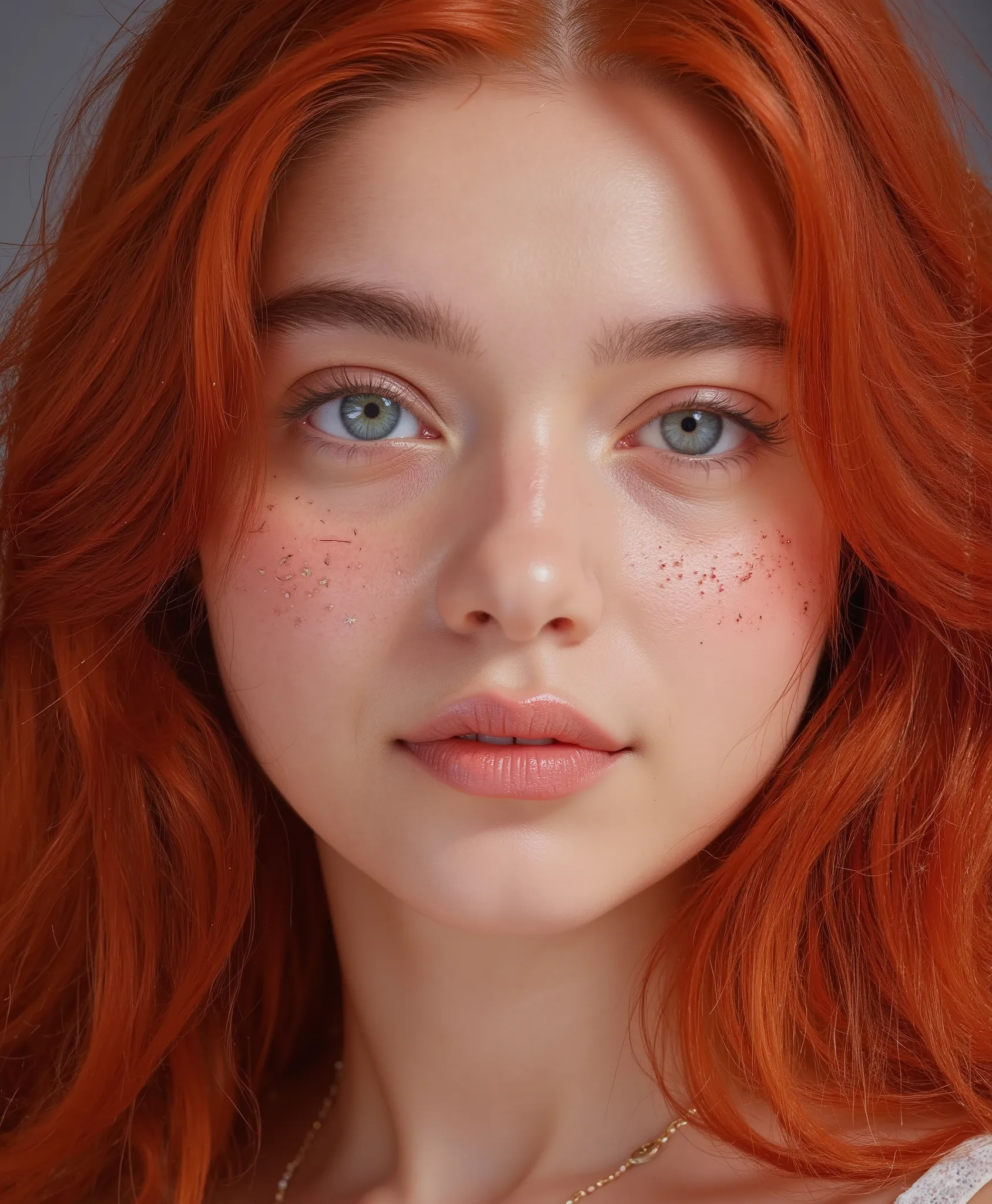 1M4N,Photorealistic digital painting of an ethereal woman with long flowing red hair, a porcelain-like, extremely pale complexion and natural warm blush on her cheeks. She has blush-toned eyeshadow and delicate, ethereal facial features. Her face is adorn...