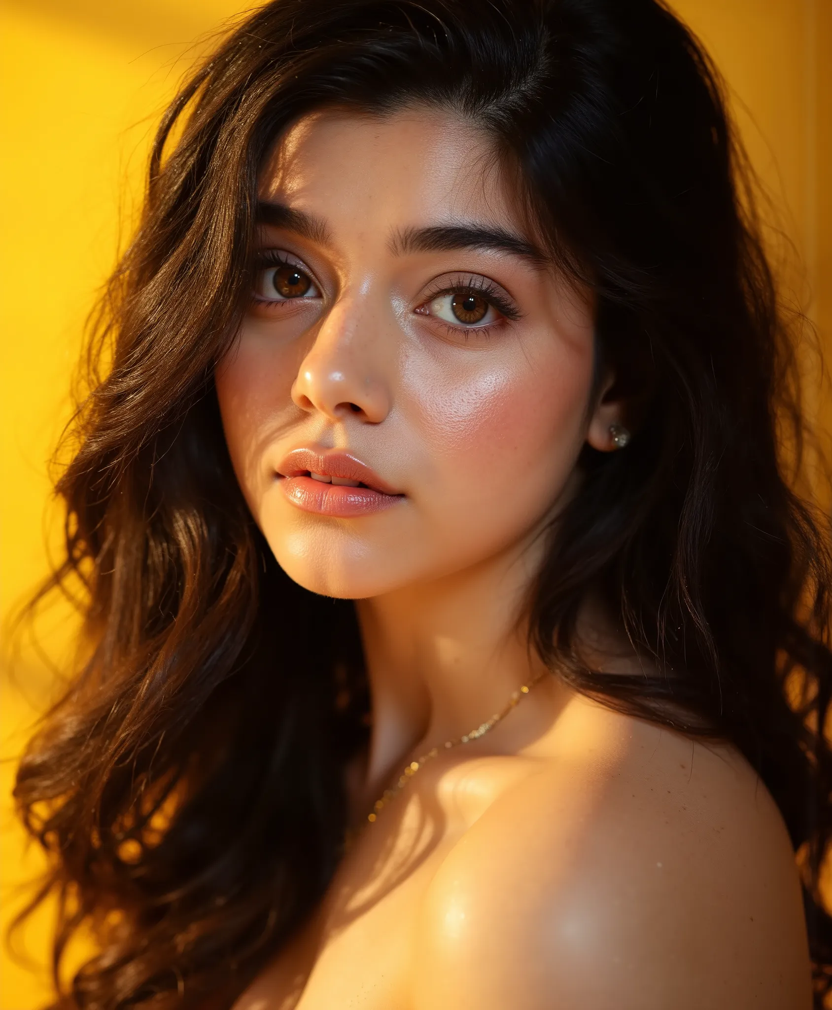 1M4N, a stunning and exotic but classy and refined woman with voluptuous breasts, ultra-realistic, glossy skin, large expressive brown eyes, long lashes, perfect lips, vivid makeup, soft blush, fair porcelain skin, smooth texture, shiny pink lipstick, high...