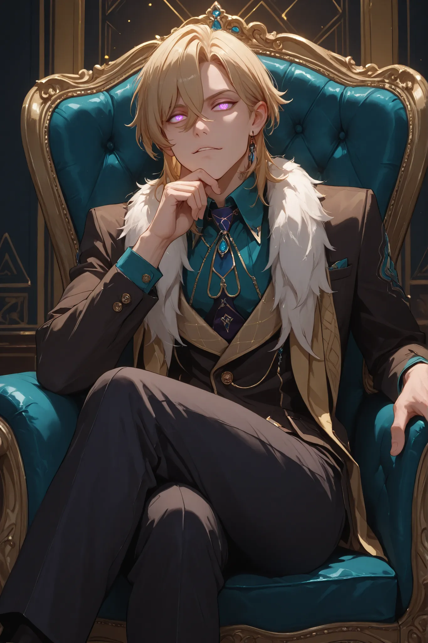 (Masterpiece, absurdres, newest, topquality) ((1boy)), solo, maturemale, malefocus, aventurine
blonde hair, medium hair, two-tone eyes, purple eyes, blue eyes, sitting on a golden chair, dynamic background, one hand on chin, legs crossed, glowing eyes, vil...