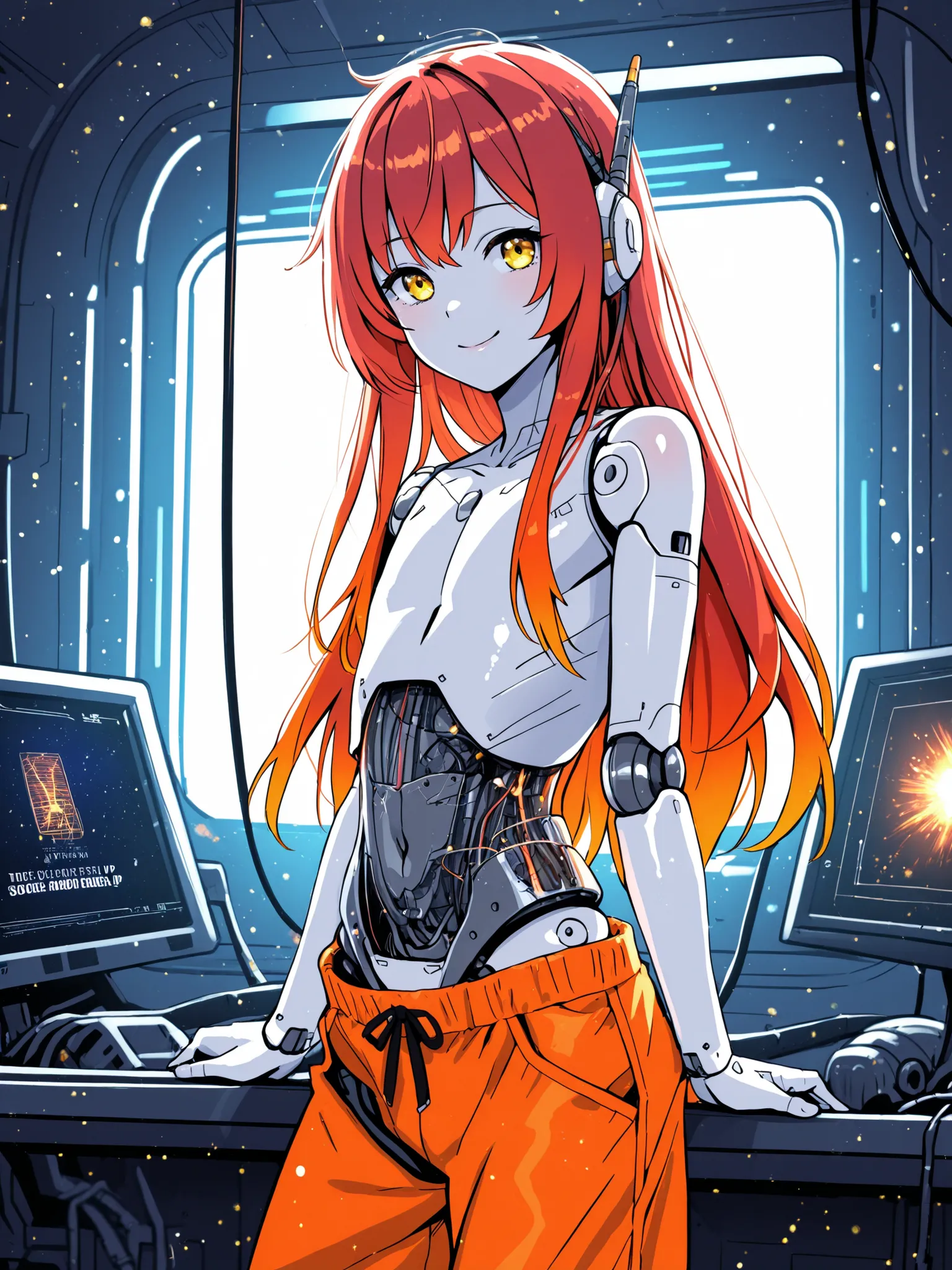 score_9, score_8_up, score_7_up, score_6_up, score_5_up, score_4_up, spacecraft interior, backlighting, light particles, BREAK
drosstyle, 1boy, otoko no ko, solo, red hair, orange hair, gradient hair, long hair, topless, yellow eyes, (robot joints:1.4),...