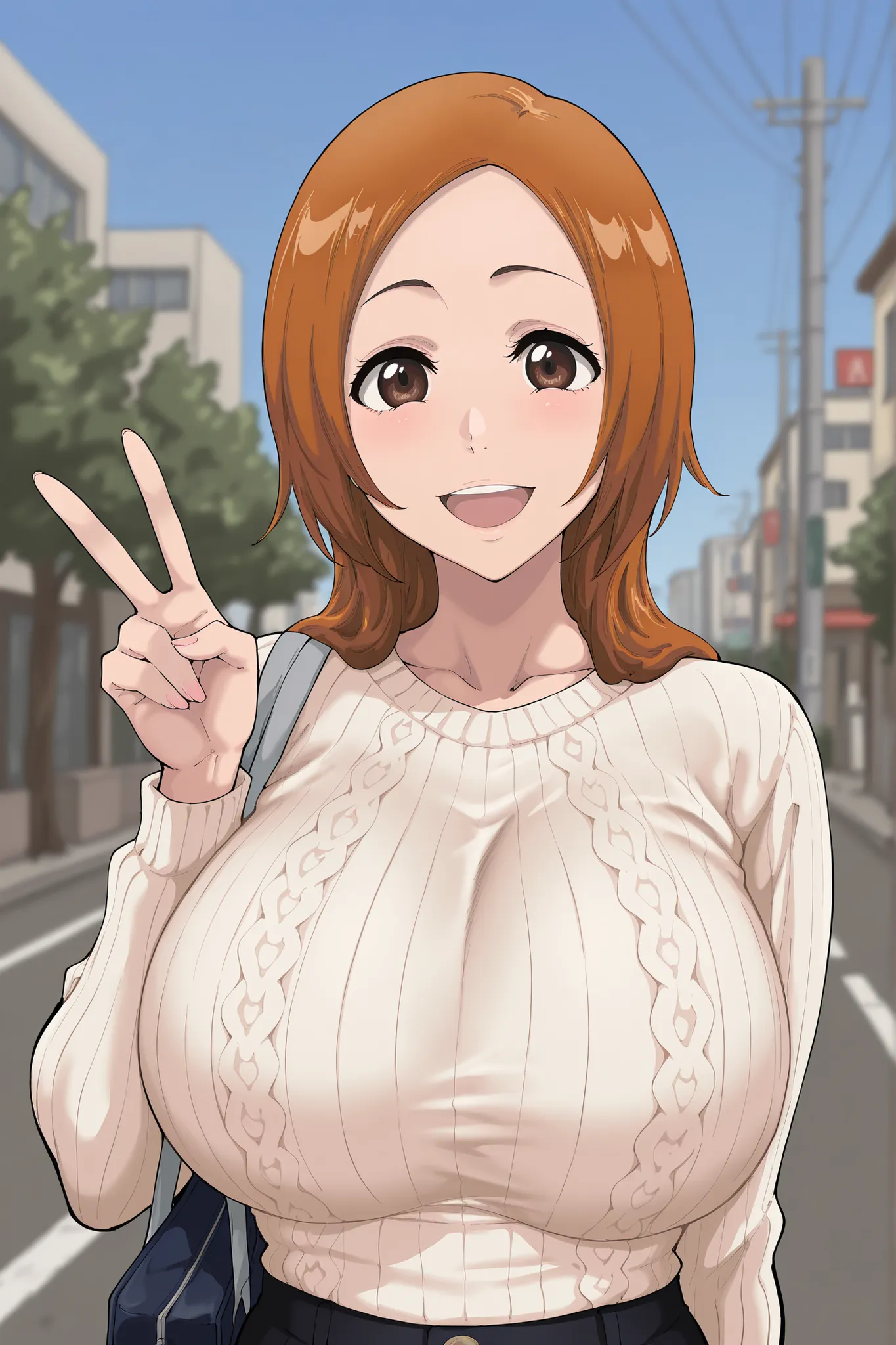 masterpiece, best quality, amazing quality, very aesthetic, absurdres, highres, newest,1wa0, 1girl, inoue orihime, sweater, smile, v, outdoors, simple background, upper teeth only