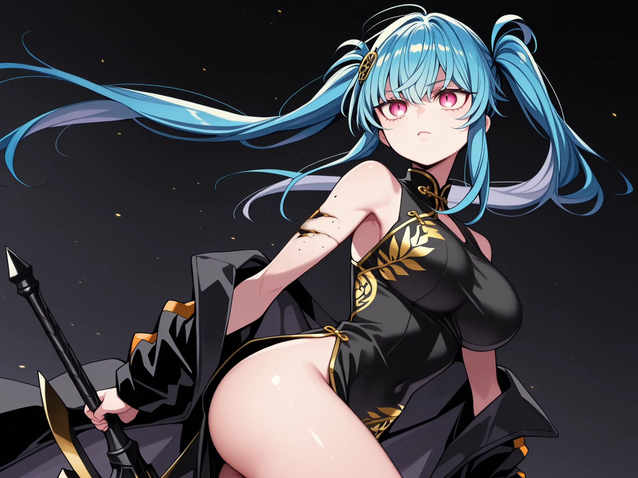 Solo, 1 girl, young character, age character,  character;

cyan blue hair, the character's hairstyle must be the same as Lily from "Lilith's Cord" (long pigtails hairstyle), long bangs, pigtails hairstyle;

The character's face must be the same as Lily fro...