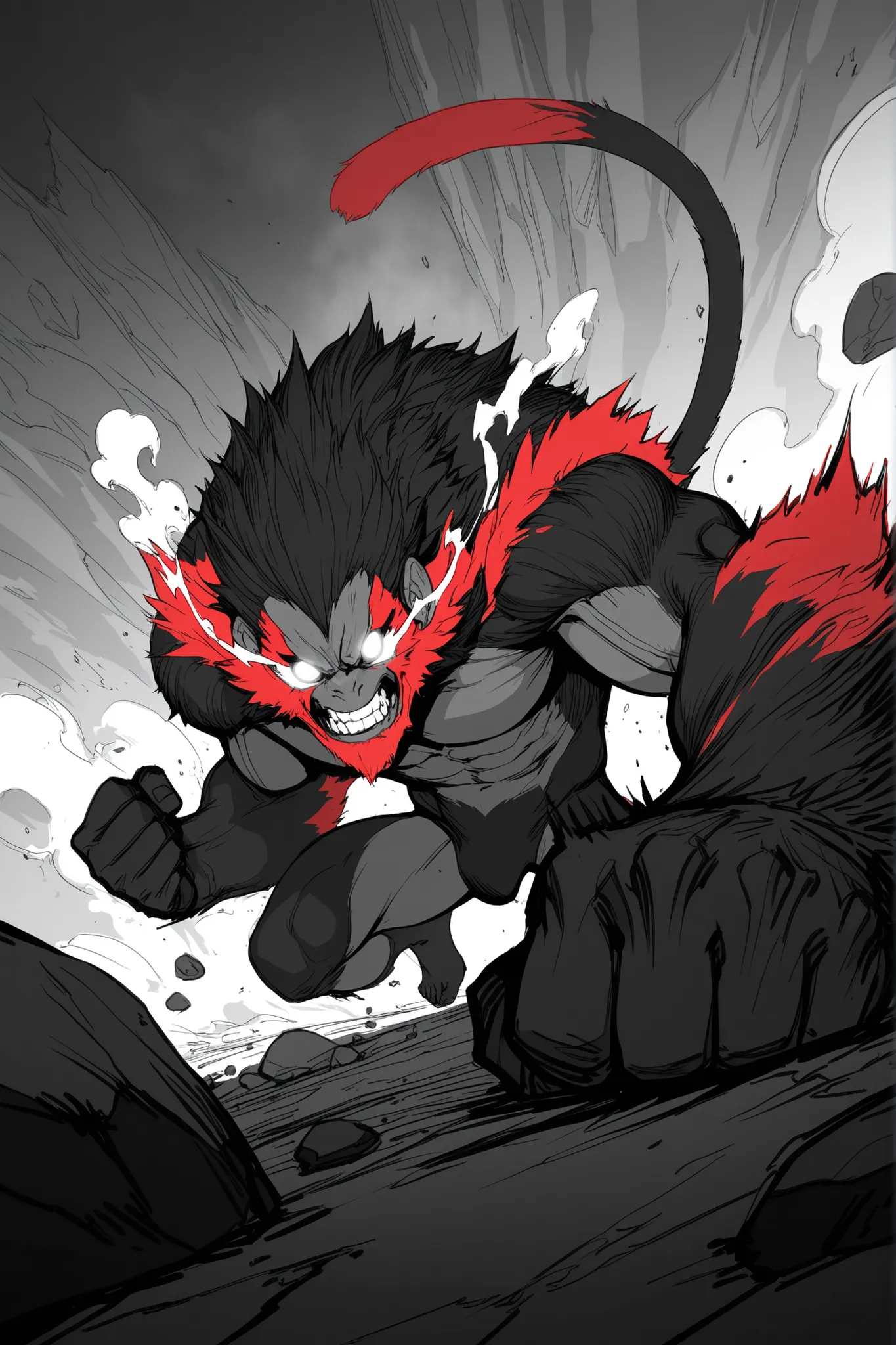 Game monster, sketch, concept art, monkey mandrill, bright color, Breath steam, black and red furr, white eyes, round eyes , glowing eyes, muscular, on plain white canvas, rough, thin lines, 2d, concepts art, large, wide front arms, tail, Masterpiece, incr...