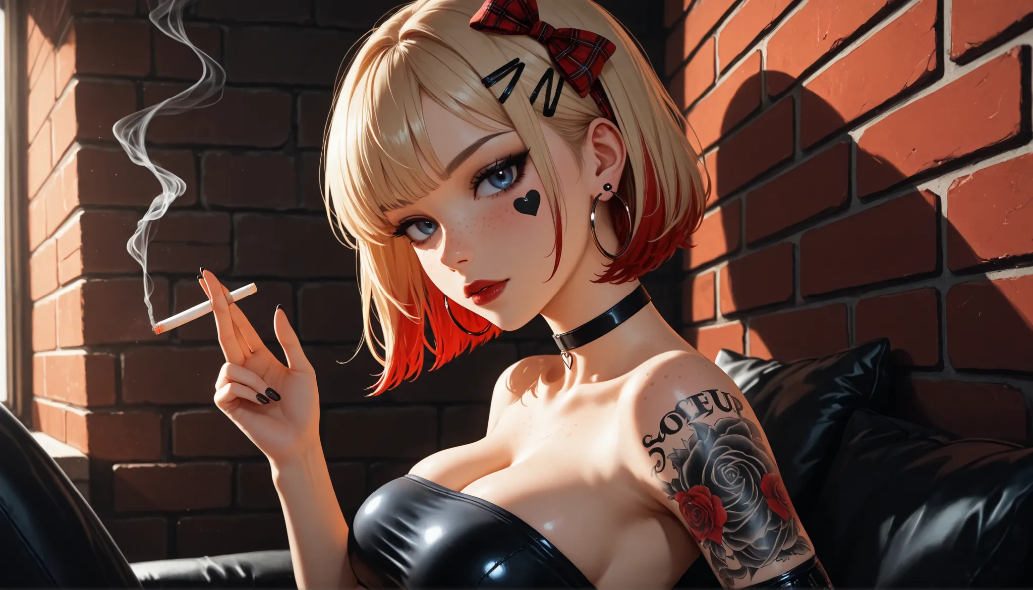 24 year old girl, leaning back against old brick wall, tattoo sleeve, juicy full lips, glossy lips, view from side, blue eyes, dark makeup, dark eyeliner, dark red shiny lipstick, alt girl, holding cigarette, black fingernails, black choker, close up, 1gir...