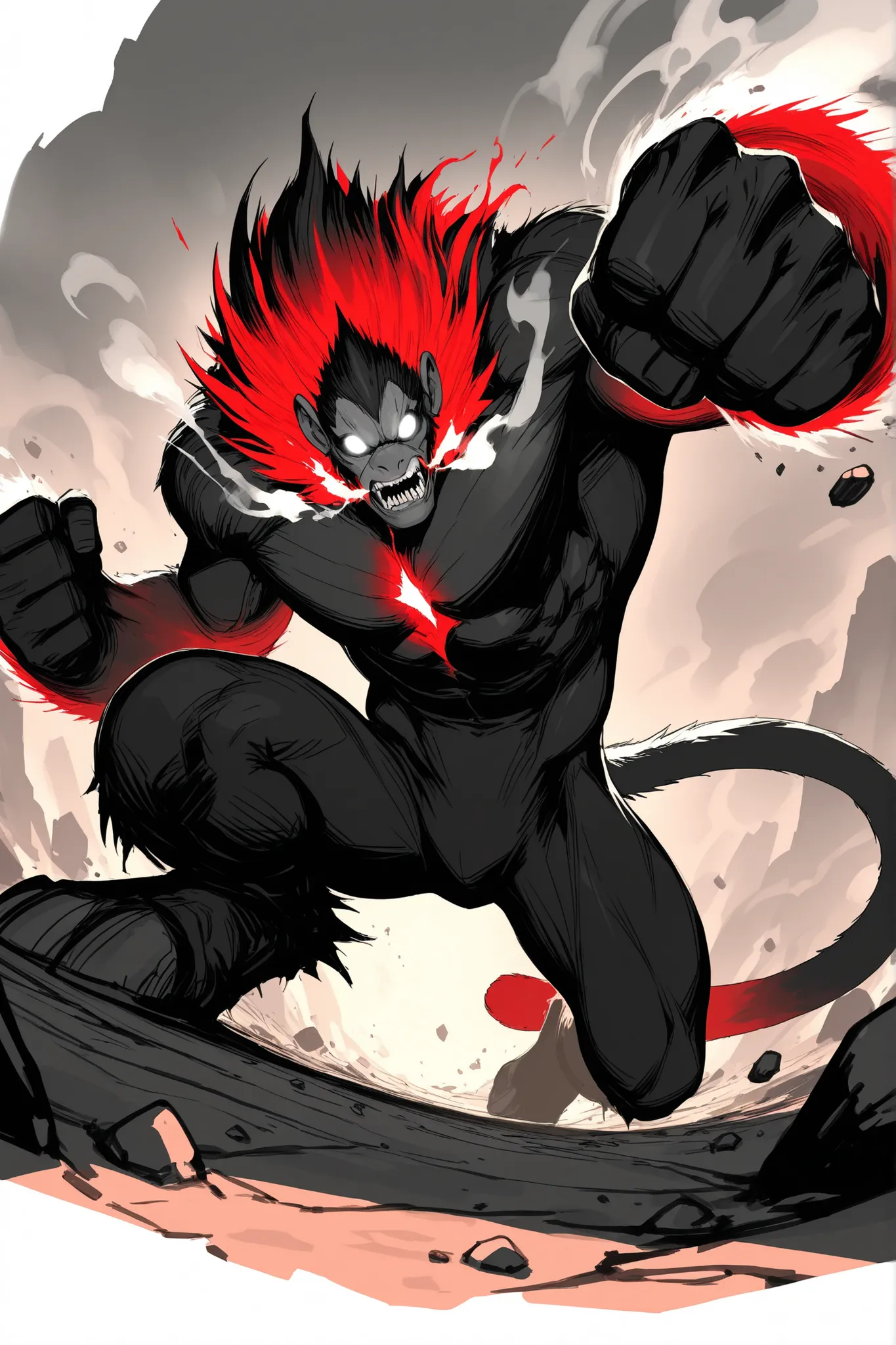 Game monster, sketch, concept art, monkey mandrill, bright color, Breath steam, black and red furr, white eyes, round eyes , glowing eyes, muscular, on plain white canvas, rough, thin lines, 2d, concepts art, large, wide front arms, tail, Masterpiece, incr...