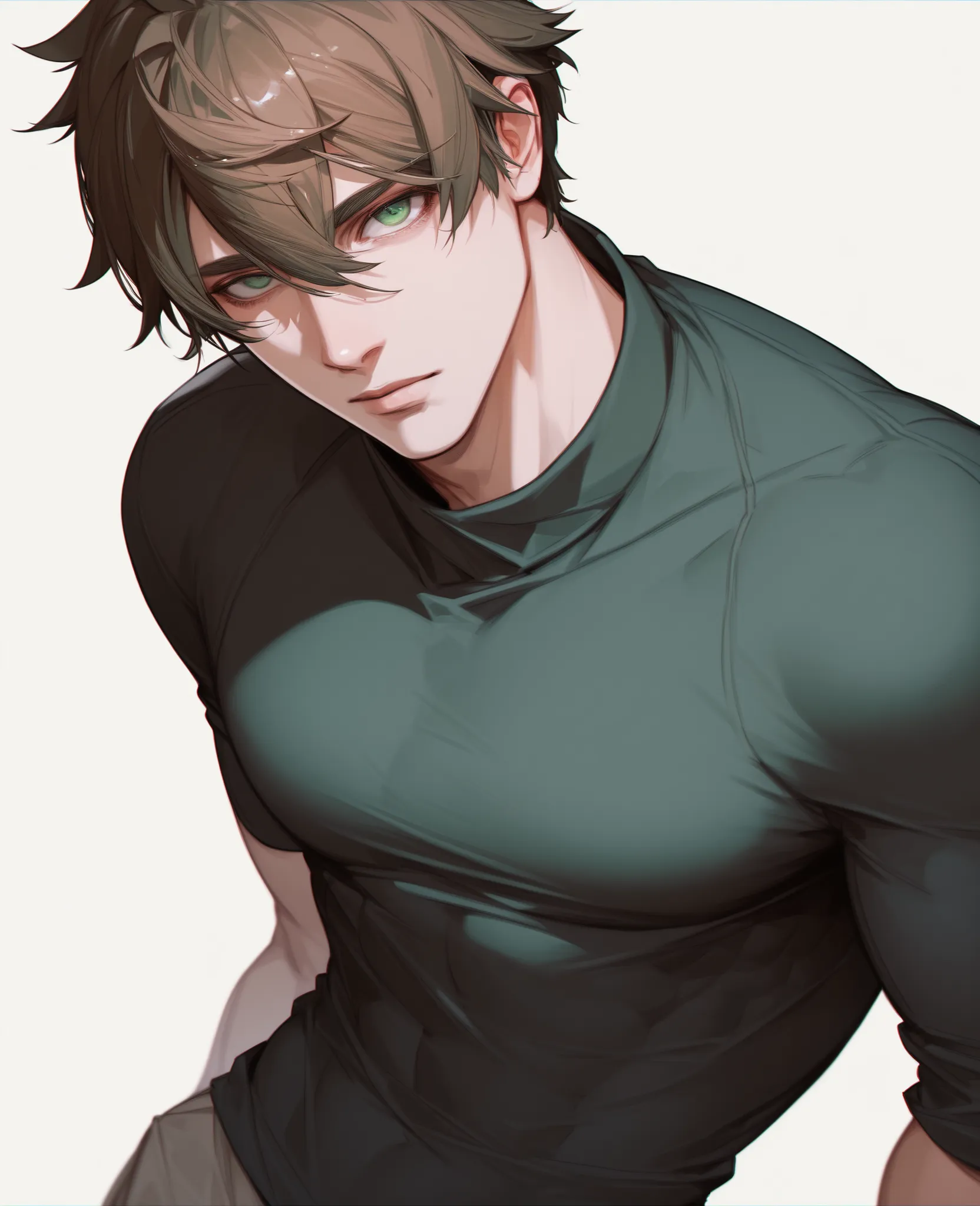 1boy, looking at viewer, keen eyes, simple background, male curvy body, cowboy shot angle, sexy, highres, hair between eyes, short messy brown hair, green eyes, dull eyes, neutral expression, white skin, fit body, black clothes,