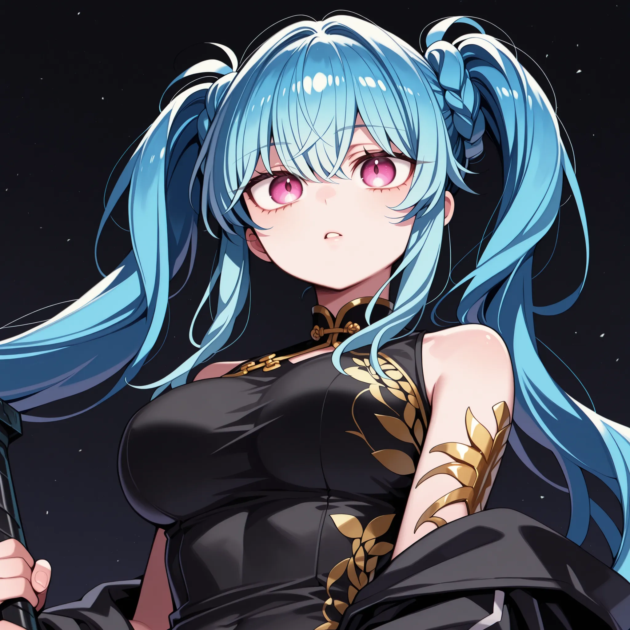 Solo, 1 girl, young character, age character,  character;

cyan blue hair, the character's hairstyle must be the same as Lily from "Lilith's Cord" (long pigtails hairstyle), long bangs, pigtails hairstyle;

The character's face must be the same as Lily fro...