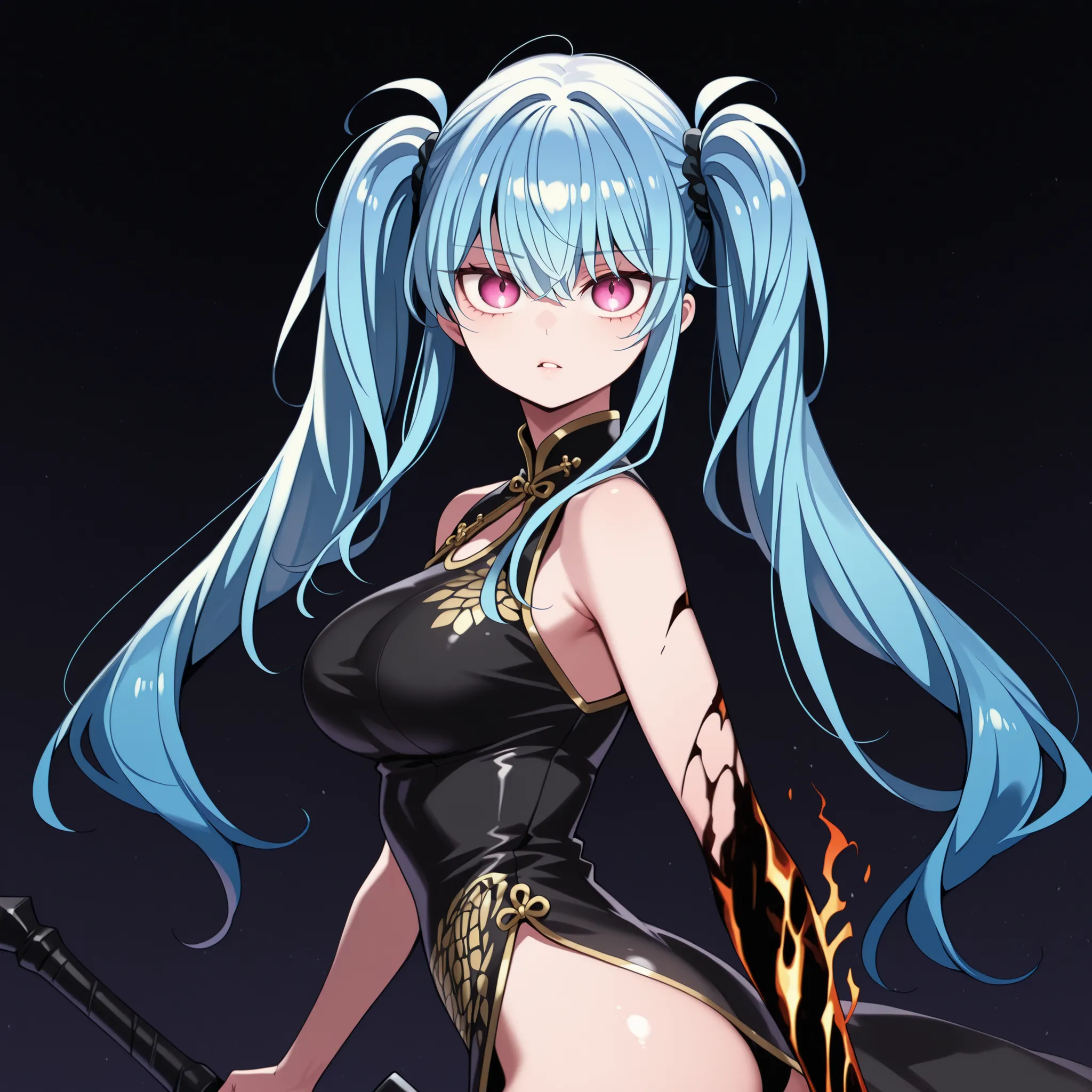 Solo, 1 girl, young character, age character, character;
cyan blue hair, the character's hairstyle must be the same as Lily from "Lilith's Cord" (long pigtails hairstyle), long bangs, pigtails hairstyle;
The character's face must be the same as Lily fro...