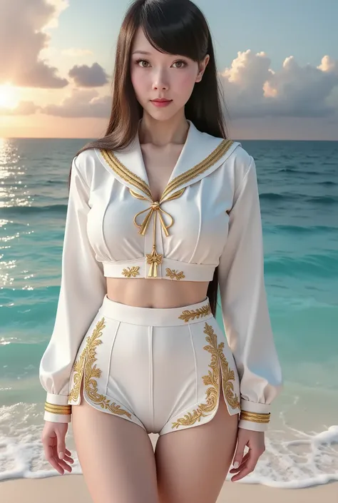 Sailor Uniform Warrior，by the sea，Sunlight，Sitting on the beach
