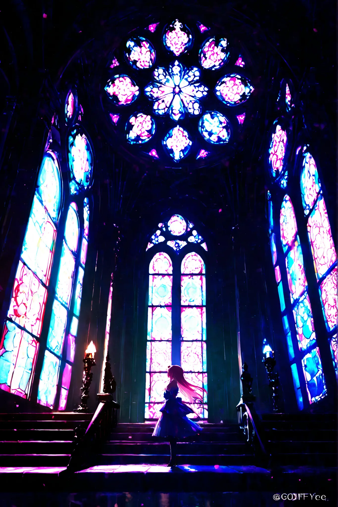 fantasy、colorful、fairy tale、scenery、night、Stained glass-like illustrations、god様、god々like