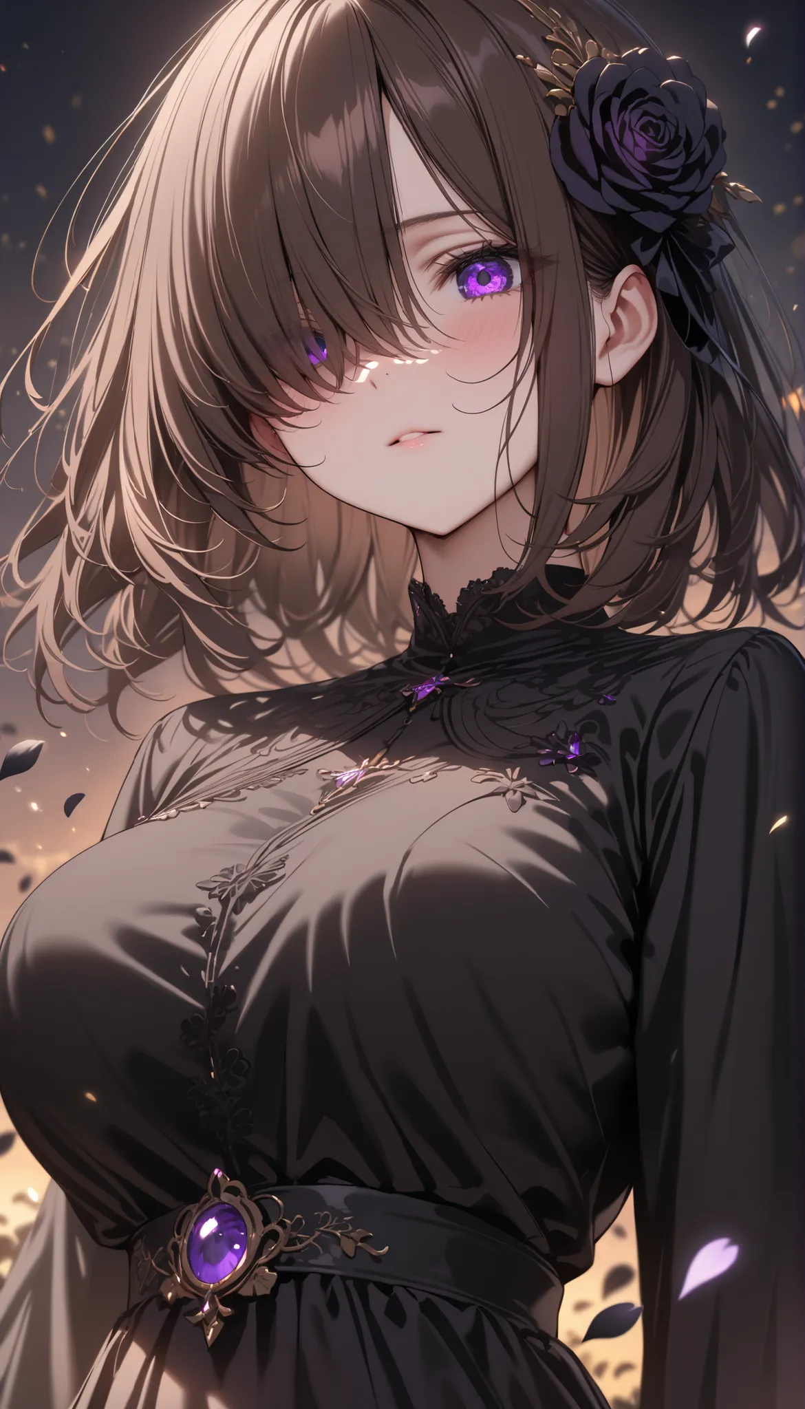(masterpiece, Highest quality:1.2), (1girl) ,alone, ((medium hair)), ((straight hair)) ,((dark brown hair)), ((hair over face)), (hair over one eye), (hair over right eye), ((detailed eyes)), ((purple eyes)), ((large breast)), high detail, bloom, (black dr...