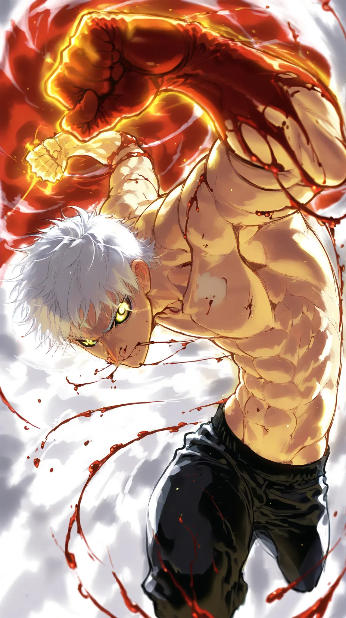 Handsome, Athletic, alone, male, Short spicky hair, long white hair, black yellow eye, no shirt, black pants, , intricate sketch, expressive eyes nose and mouth, Abs, simple pose, clench fist, martial art stance, blood on his fists , perfect Anatomy , punc...
