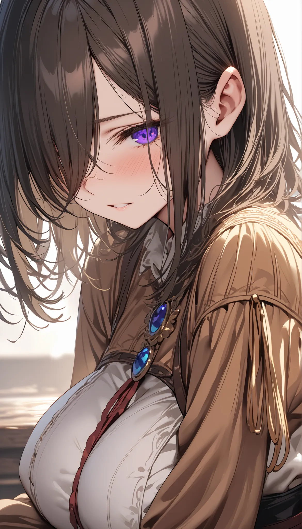 (masterpiece, Highest quality:1.2), (1girl), alone, ((medium hair)), ((straight hair)),(dark brown hair)),((hair over face)), (hair over one eye), (hair over right eye), (), (purple eyes), ((detailed eyes)), high detail, bloom, ((detailed face)), ((big bre...