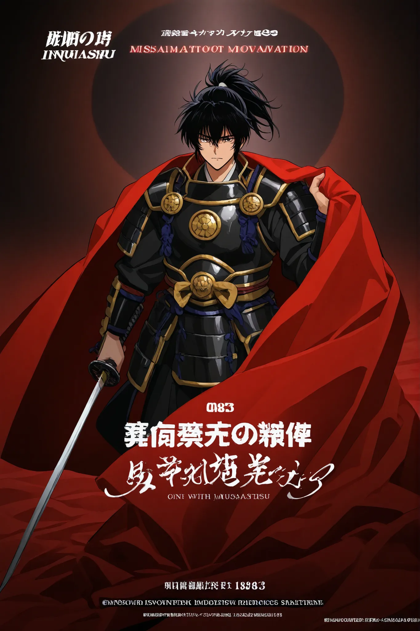 90s movie poster anime Jidaigeki during Bakumatsu Era Modernization (1853-1867) Boy With Short Samurai Armor With Short, Black Hair in a Ponytail (Musashi Miyamoto inspiración), Katana With Red Sheet 