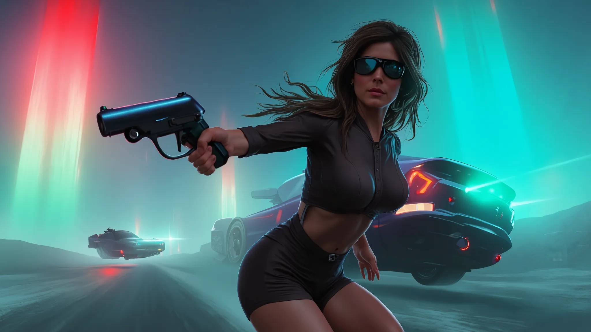 Extremely low angle view. aurora sky, (sleek sport car speeding through the simple outlined city), rainbow colors waterfalls. (((High-resolution OLED GUI interfaces in the air))), motion blur. At night very dark sky, (1girl, solo), ((thigh-level half-body ...