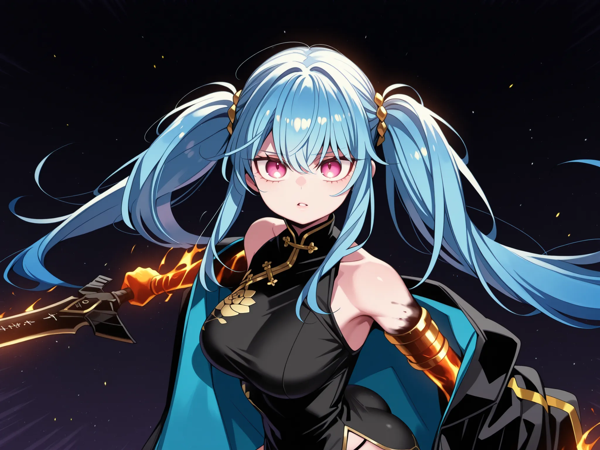 Solo, 1 girl, young character, age character,  character;

cyan blue hair, the character's hairstyle must be the same as Lily from "Lilith's Cord" (long pigtails hairstyle), long bangs, pigtails hairstyle;

The character's face must be the same as Lily fro...