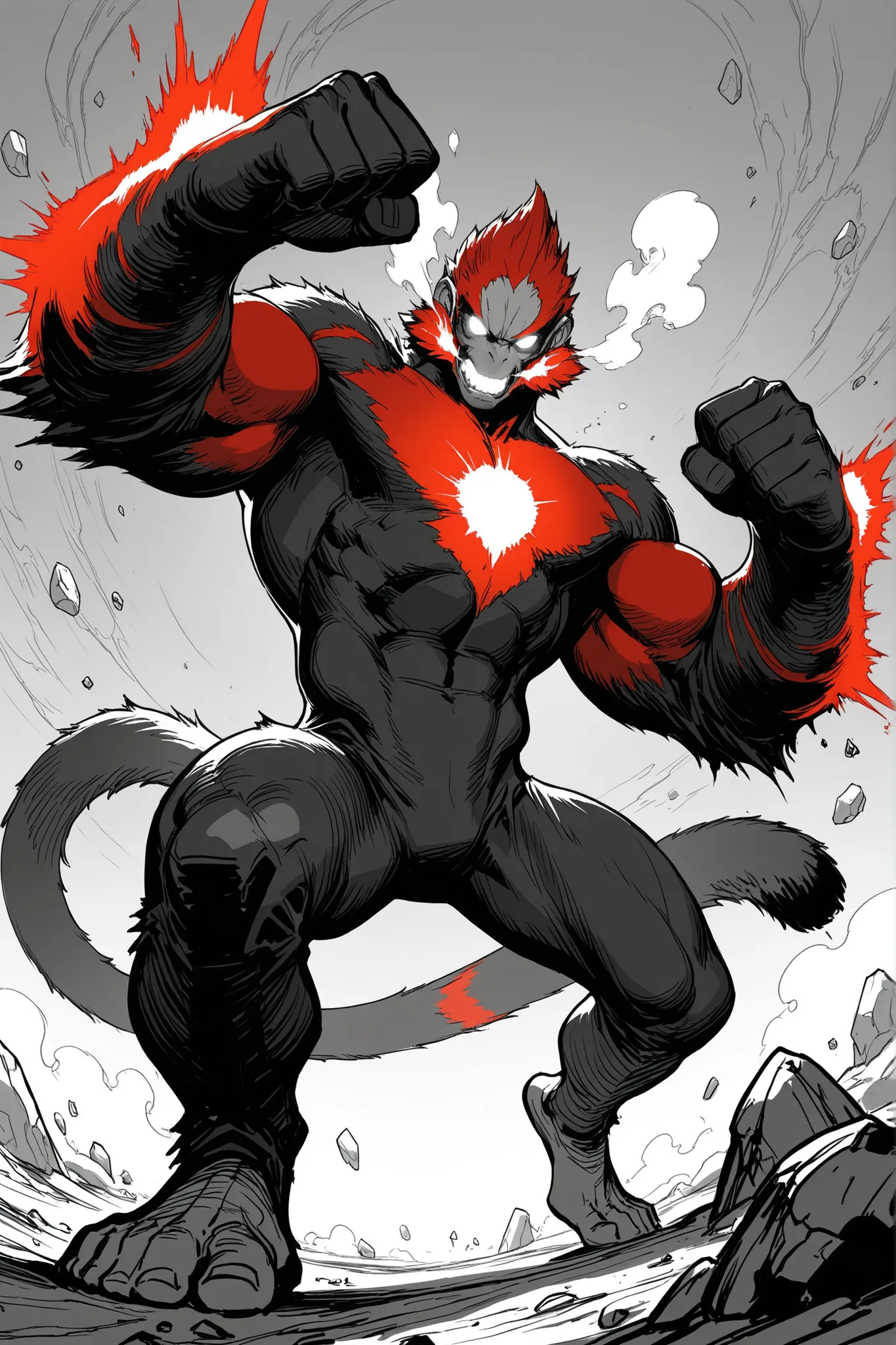 Game monster, sketch, concept art, monkey mandrill, bright color, Breath steam, black and red furr, white eyes, round eyes , glowing eyes, muscular, on plain white canvas, rough, thin lines, 2d, concepts art, large, wide front arms, tail, Masterpiece, incr...