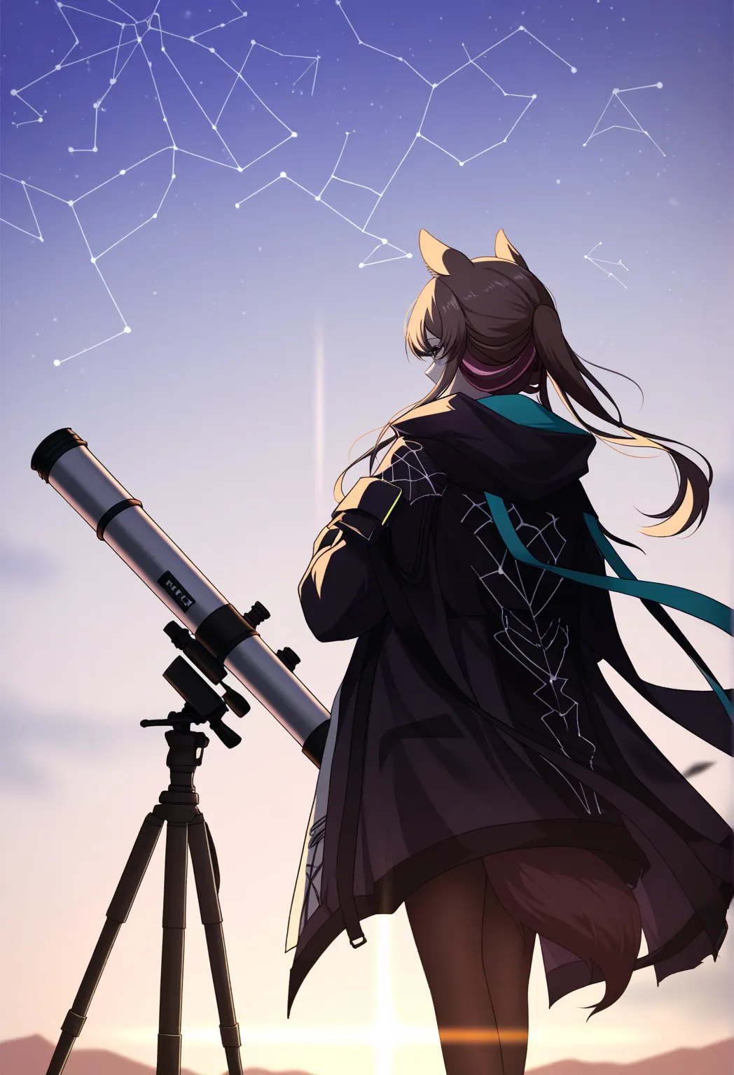 1girl, kafka_(arknights), brown hair, from behind, standing looking down at the edge of abandoned observatory, Telescope pointed to nowhere, collapsed sky, constellation sagittarius showing on the sky, a blinking star, ((solo)),lost memory, passed times, silence and serene atmosphere, [minodreamland, qiuyun15621, k.g_(matsumoto_zo), yadon0, tere_asahi, ev_v1l]
