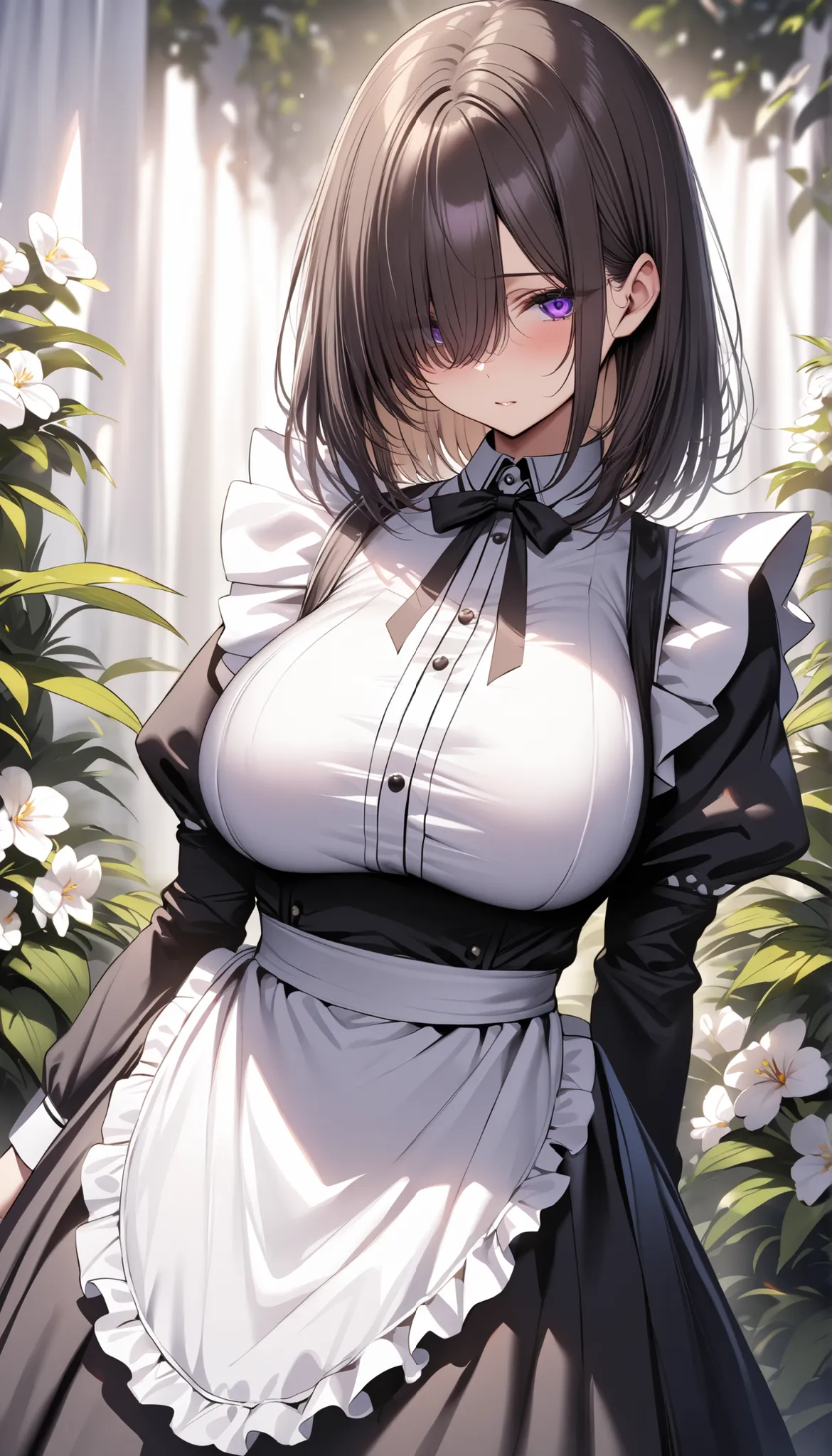 (masterpiece, Highest quality:1.2), (1girl), alone, ((medium hair)), ((dark brown hair)), ((straight hair)) ,((hair over face)), (hair over one eye), (hair over right eye), bloom, ((detailed face)), (((black maid dress))),long sleeves, white apron ,detaile...