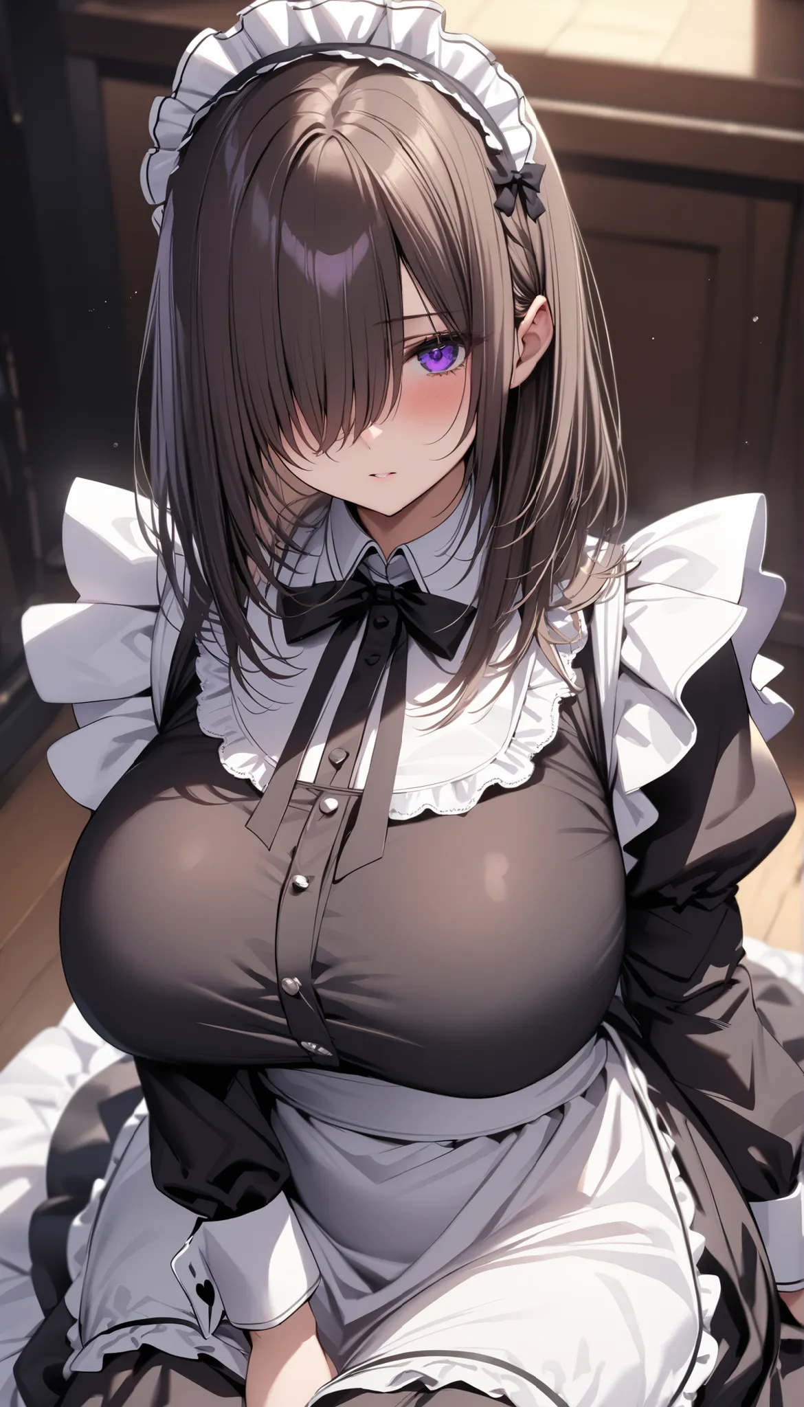(masterpiece, Highest quality:1.2), (1girl), alone, ((medium hair)), ((dark brown hair)), ((straight hair)) ,((hair over face)), (hair over one eye), (hair over right eye), bloom, ((detailed face)), (black maid dress), long sleeves, white apron ,detailed e...