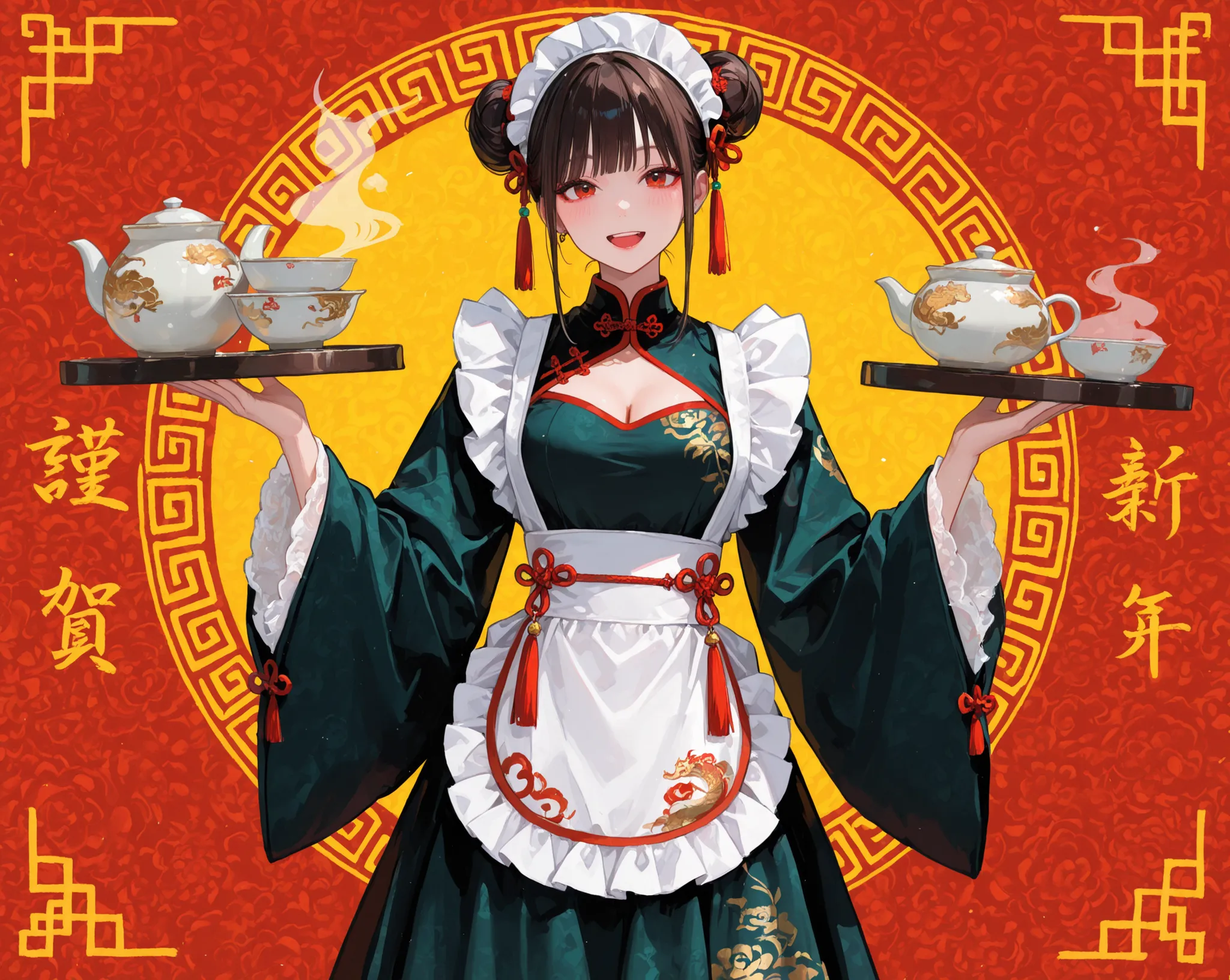female, China maid clothes, Dim sum set,