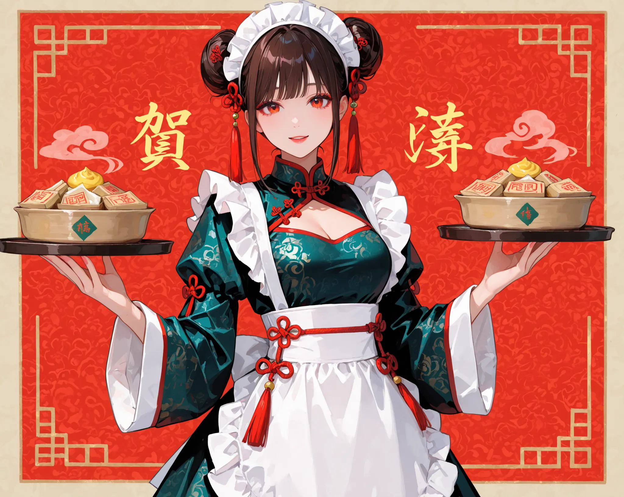 female, China maid clothes, Dim sum set,