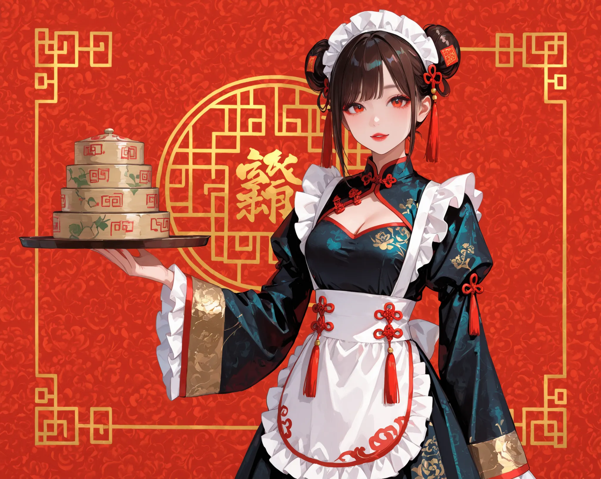female, China maid clothes, Dim sum set,