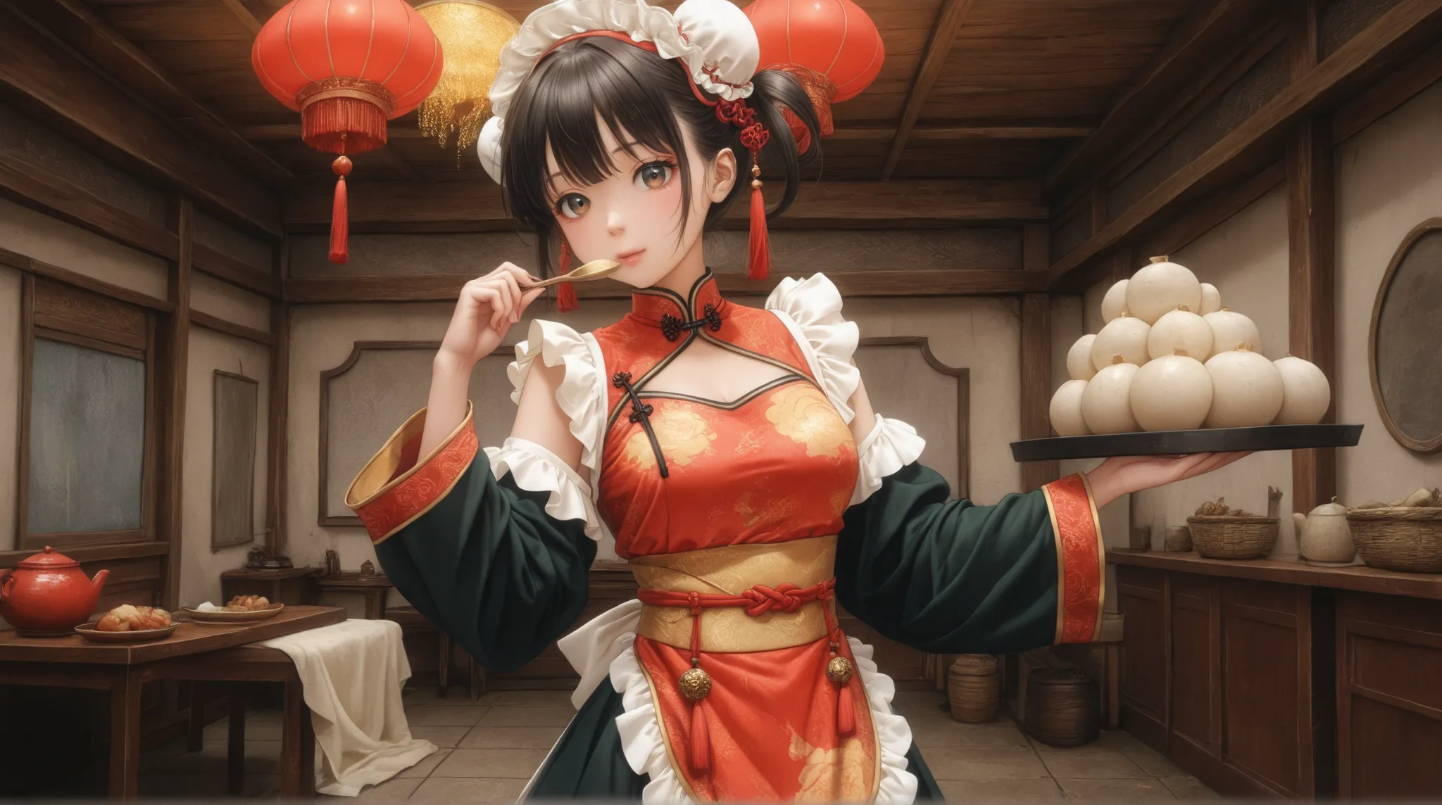 female, China maid clothes, Dim sum set, 