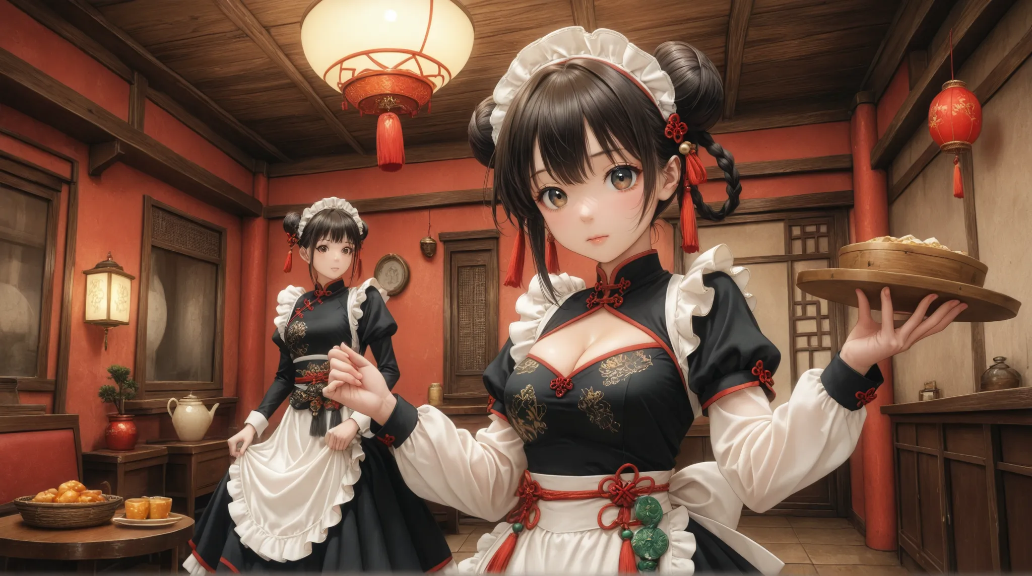 female, China maid clothes, Dim sum set, 