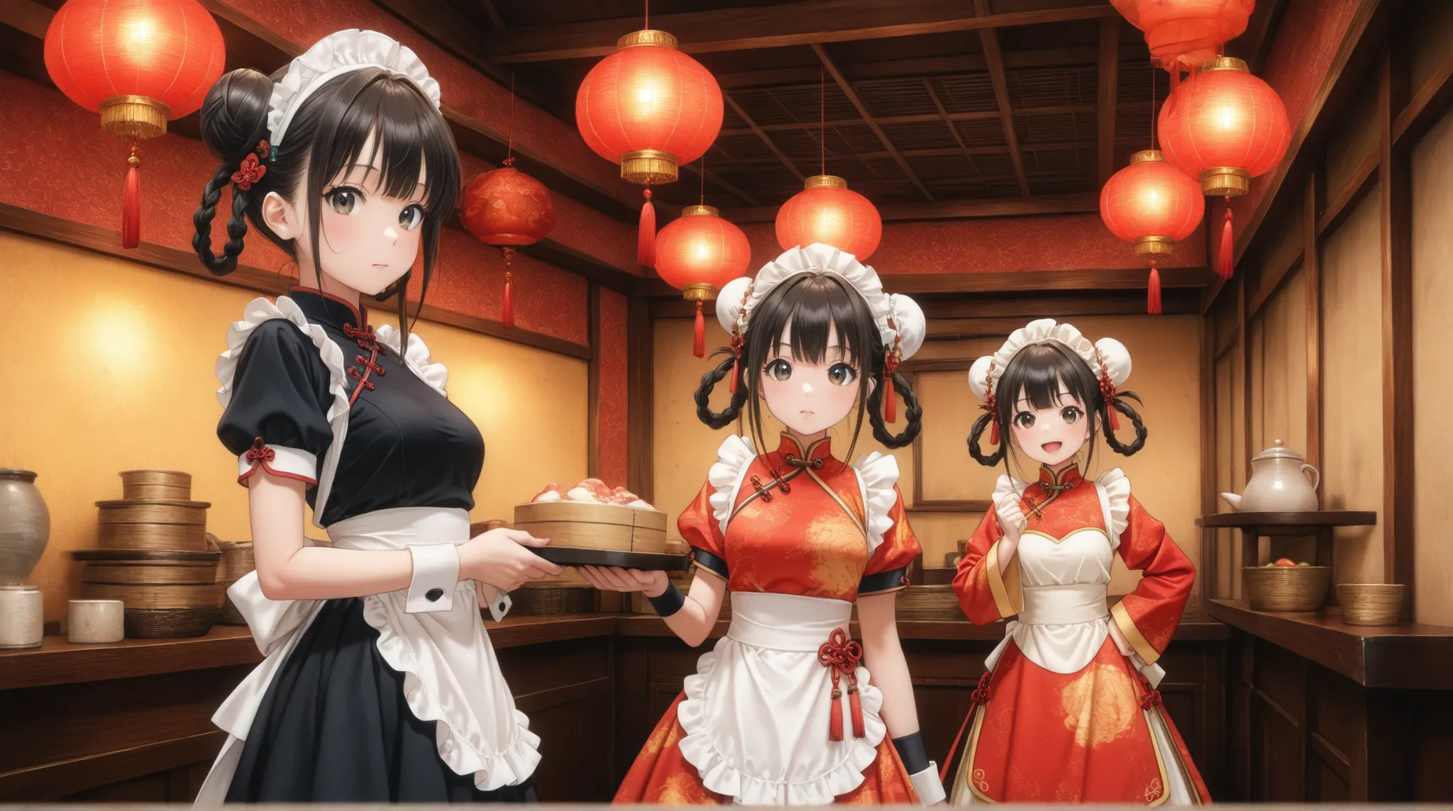 female, China maid clothes, Dim sum set, 