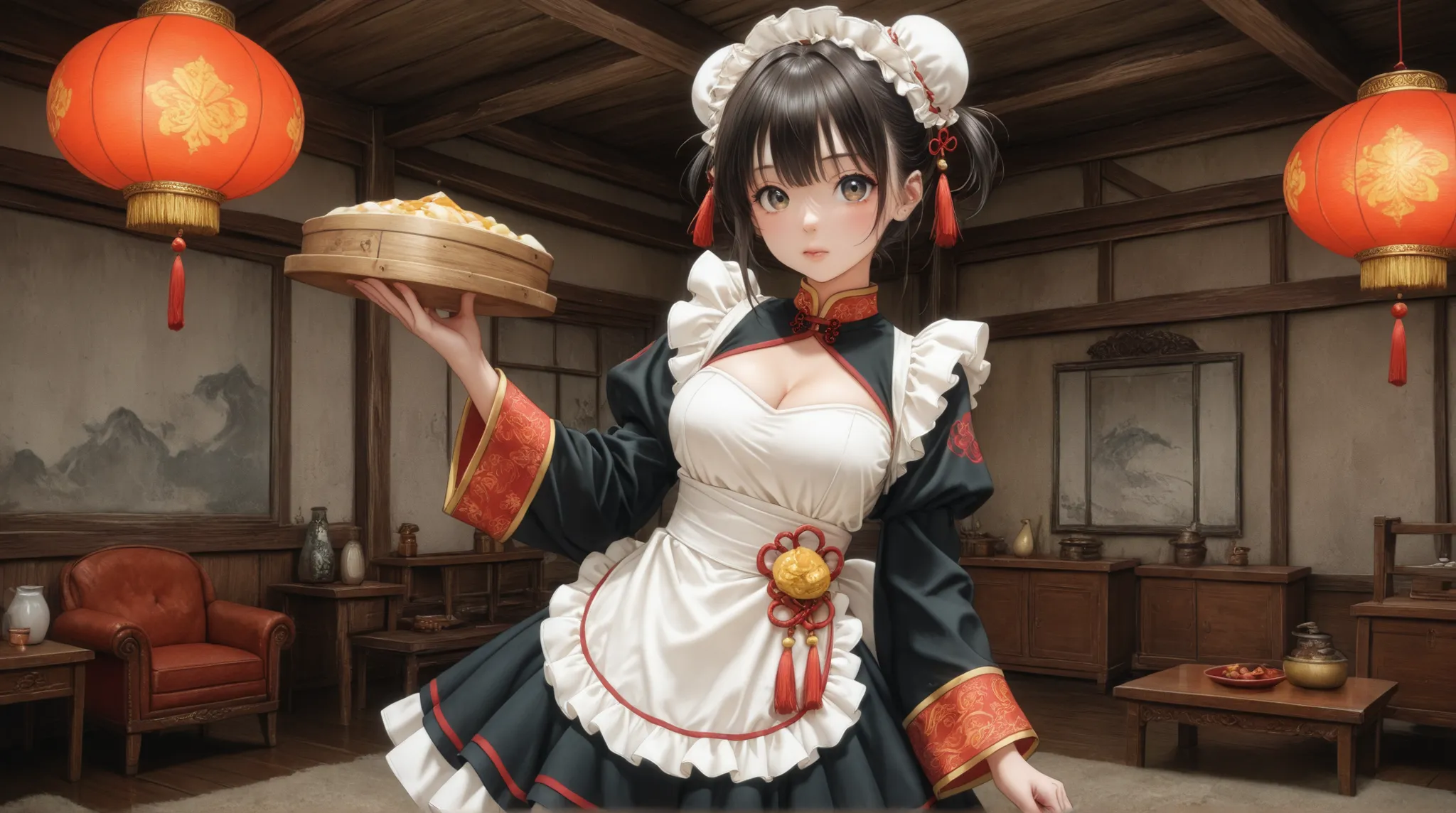 female, China maid clothes, Dim sum set, 