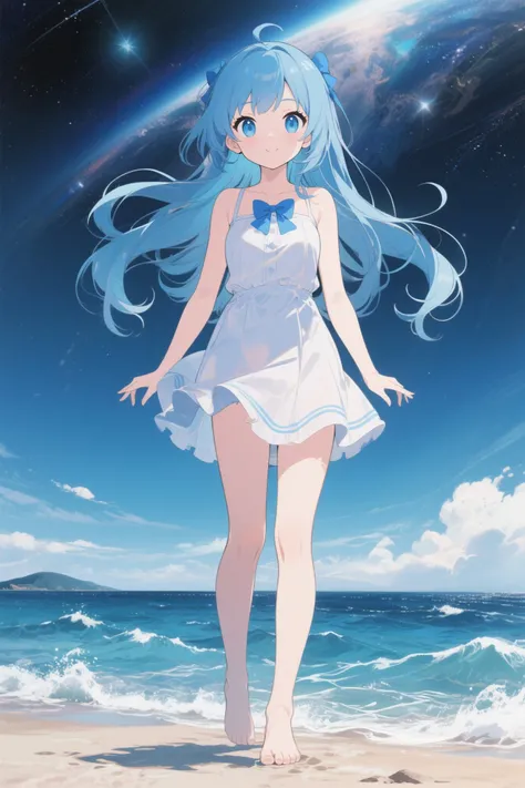 anime、Full body.  Poster art by Tomokazu Matsuyama, featured on pixiv, space art,game art,  official art, cute, beautiful,blue eyes、2D、 anime  beautiful girl,cute ,adorable,sea wind background.Full body